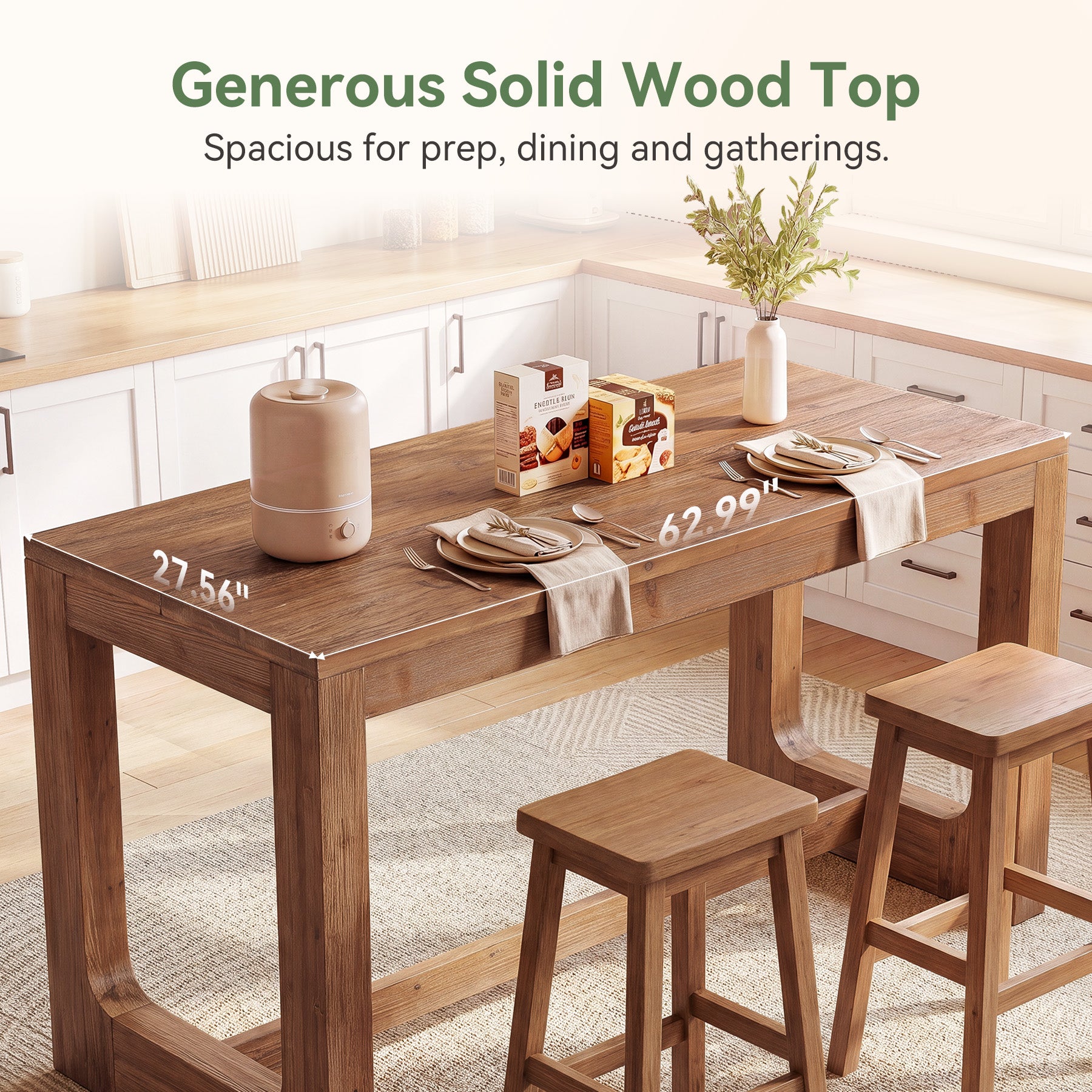 63" Solid Wood Kitchen Island, Dining Room Table with Sturdy Construction