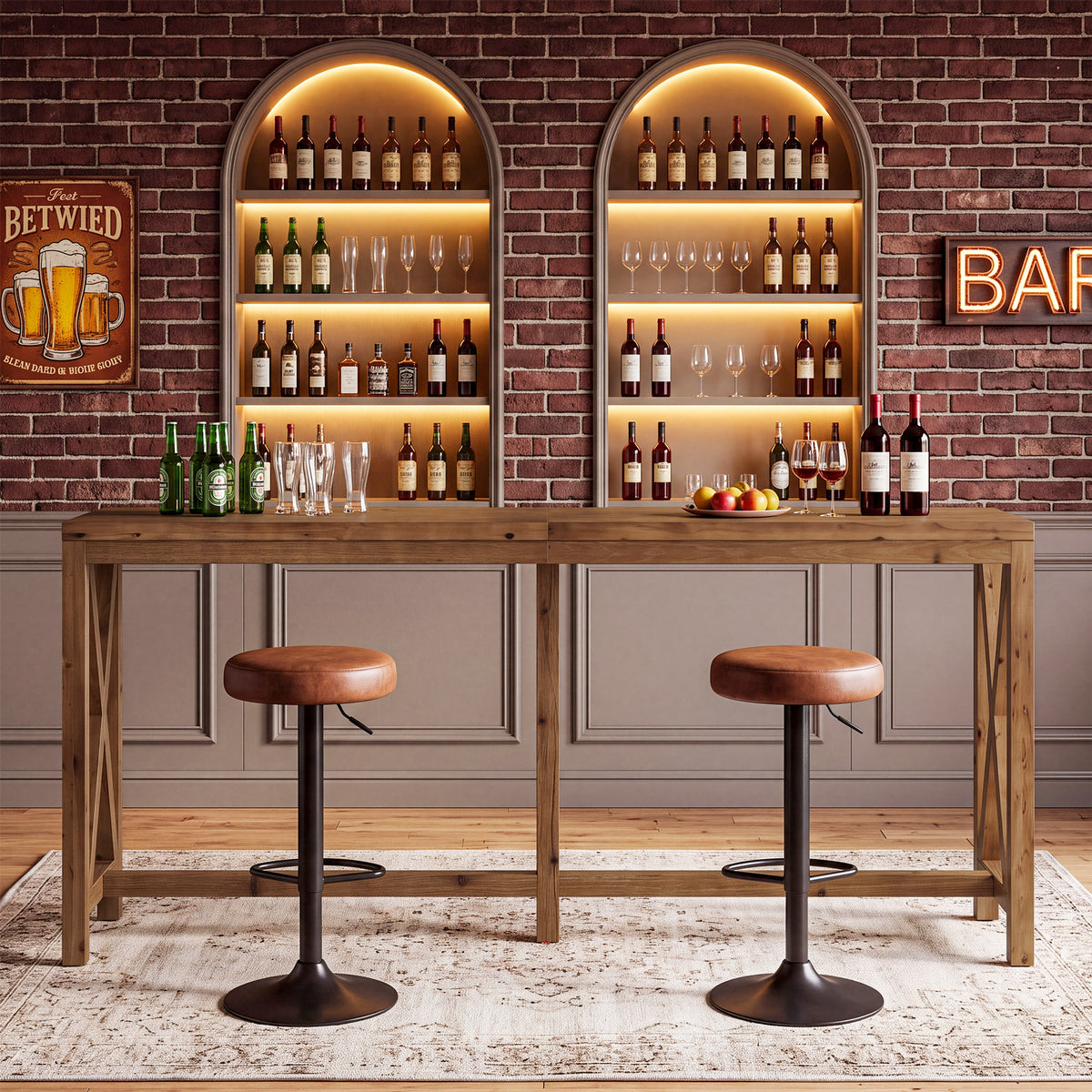78.74" Solid Wood Bar Table, Counter Height Pub Table with X-Shaped Frame & Footrest for 6-8