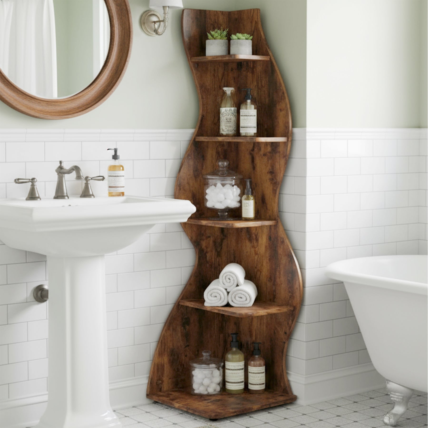 5-Tier Corner Bookcase, Rustic Freestanding Corner Shelf for Small Spaces