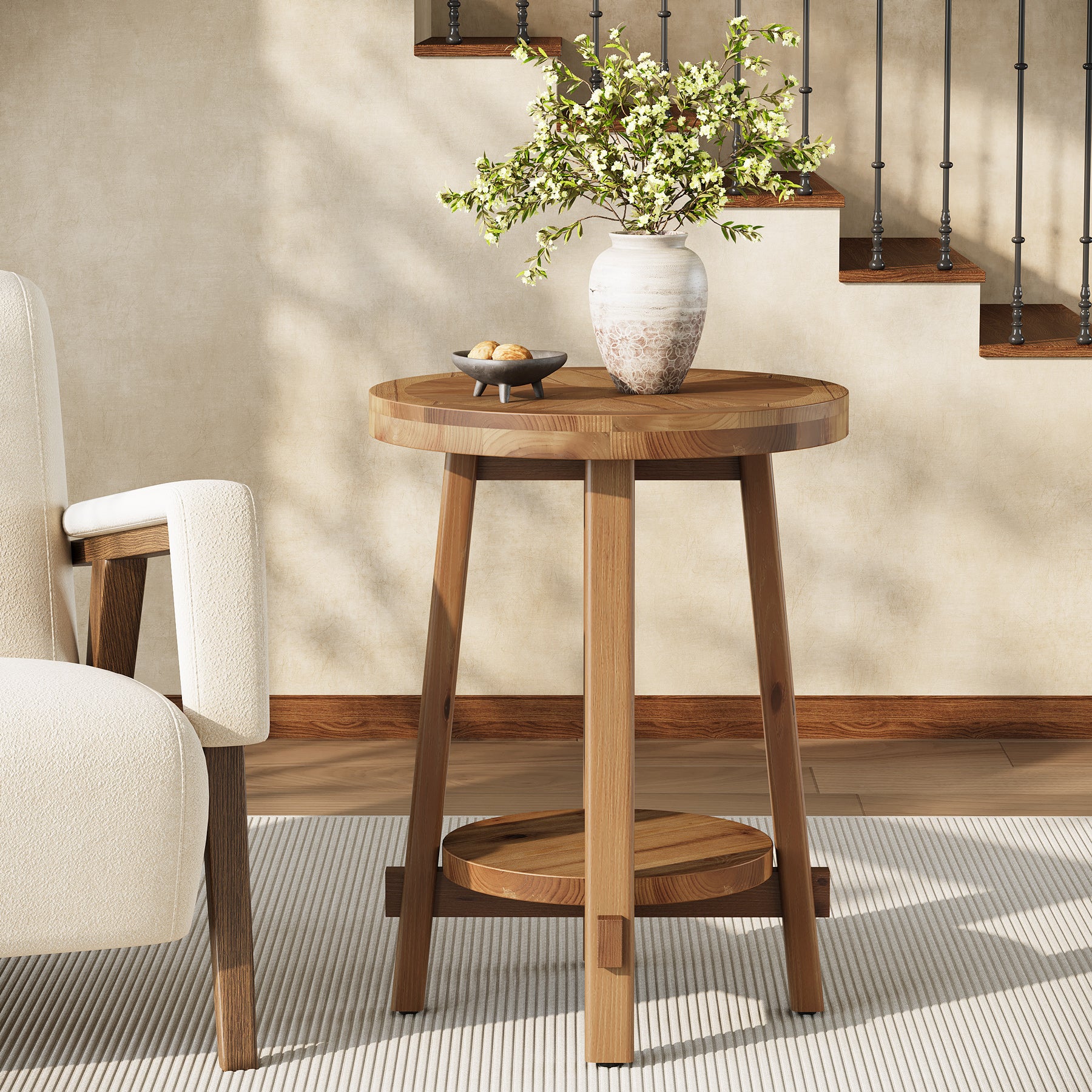 19.6" Round End Table, Solid Wood Side Table with 2-Tier Storage