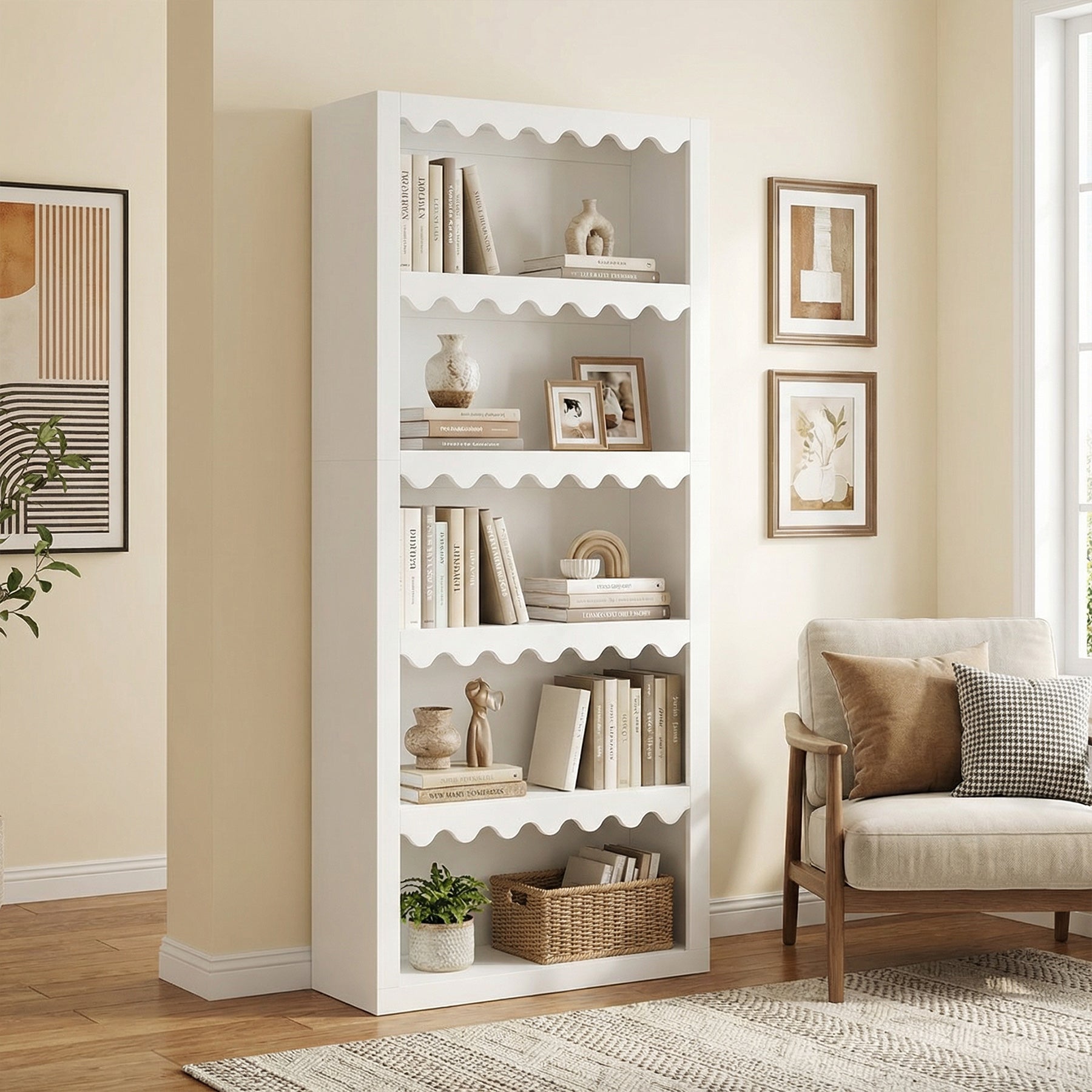 70" Bookcase, Modern 5-Tier Bookshelf Storage Organizer with Scalloped Edges
