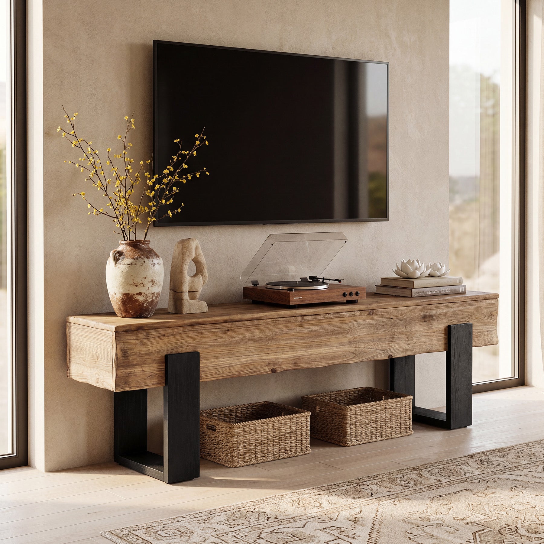 63" Solid Wood TV Stand, Farmhouse Entertainment Center for 55/60/65/75-Inch TVs