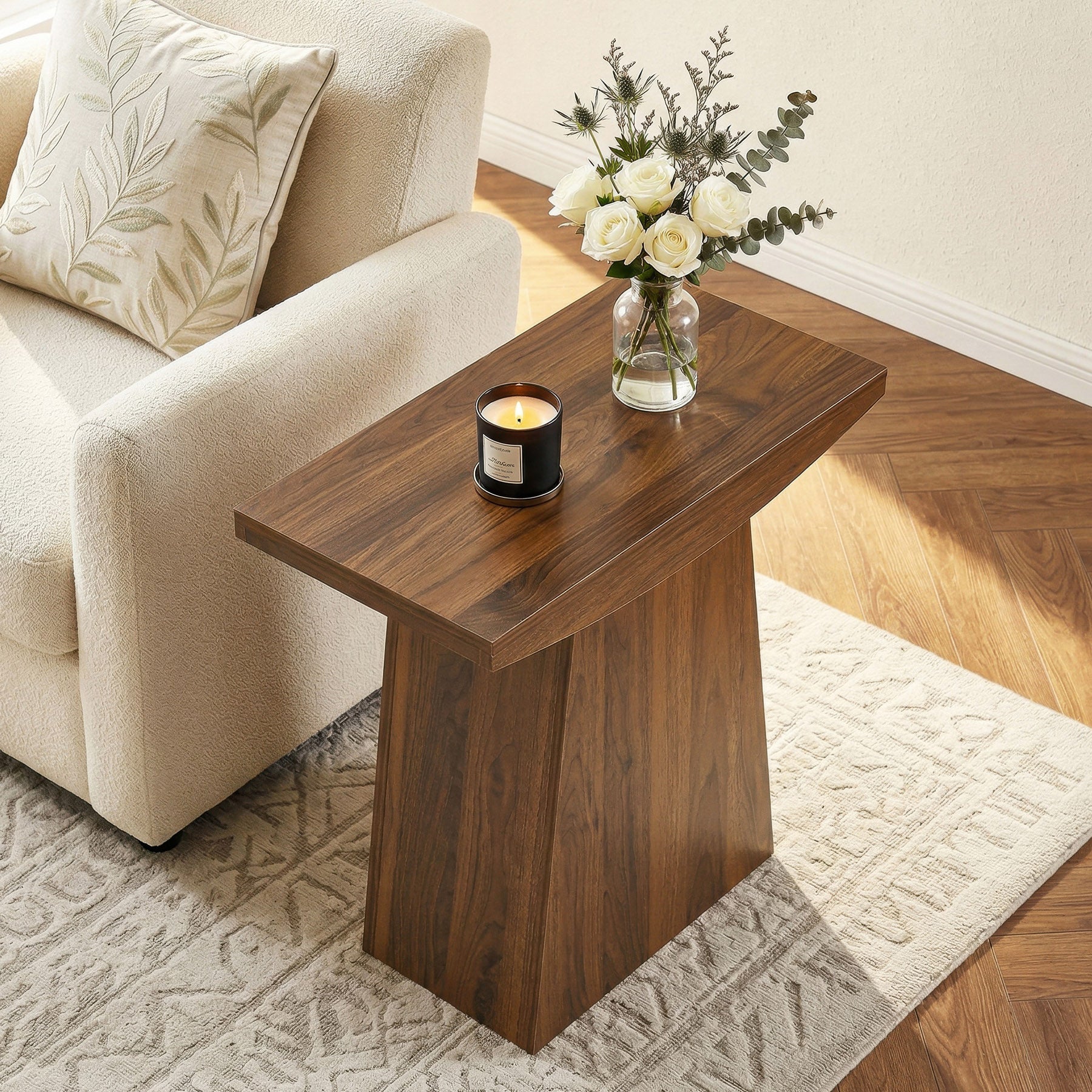 23.6" Pedestal End Table, Farmhouse Sofa Couch Side Table with Trapezoid Base