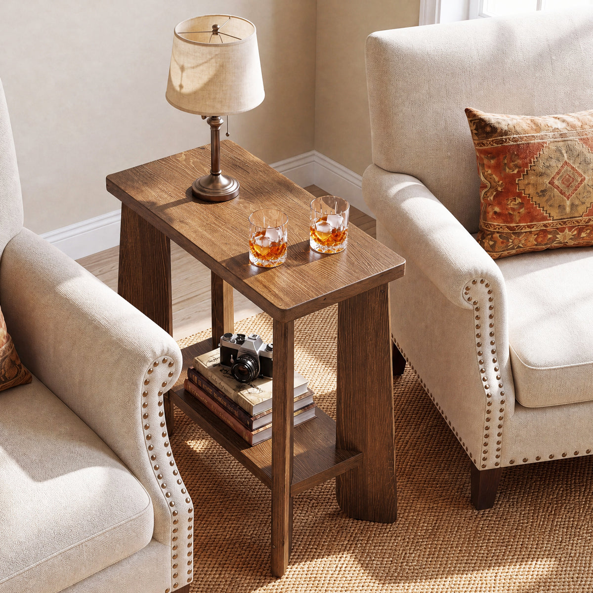 24" Rustic Farmhouse End Table, 2-Tier Narrow Solid Wood Nightstand, Living Room