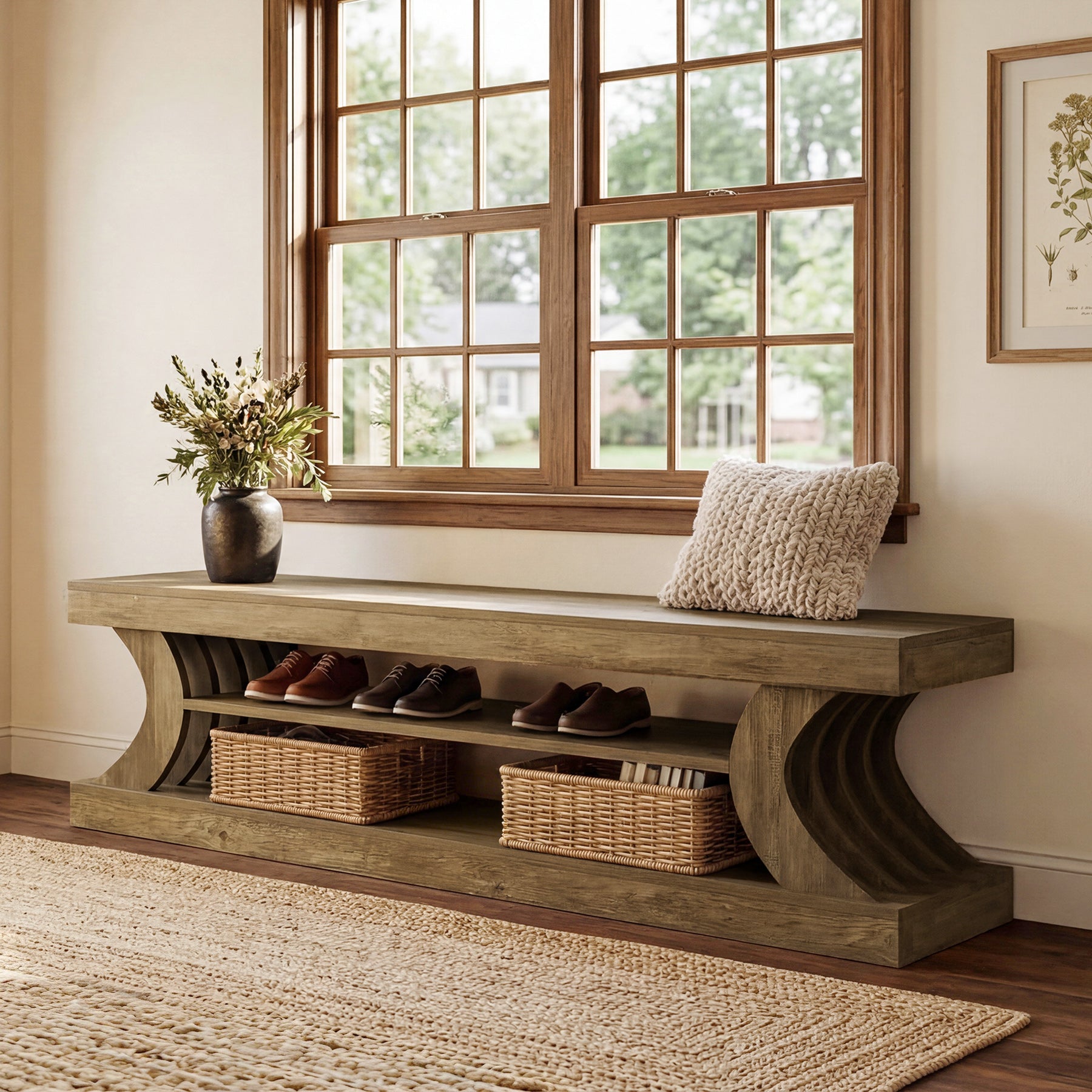 63" Entryway Bench, Wooden 3-Tier End of Bed Bench with Open Storage
