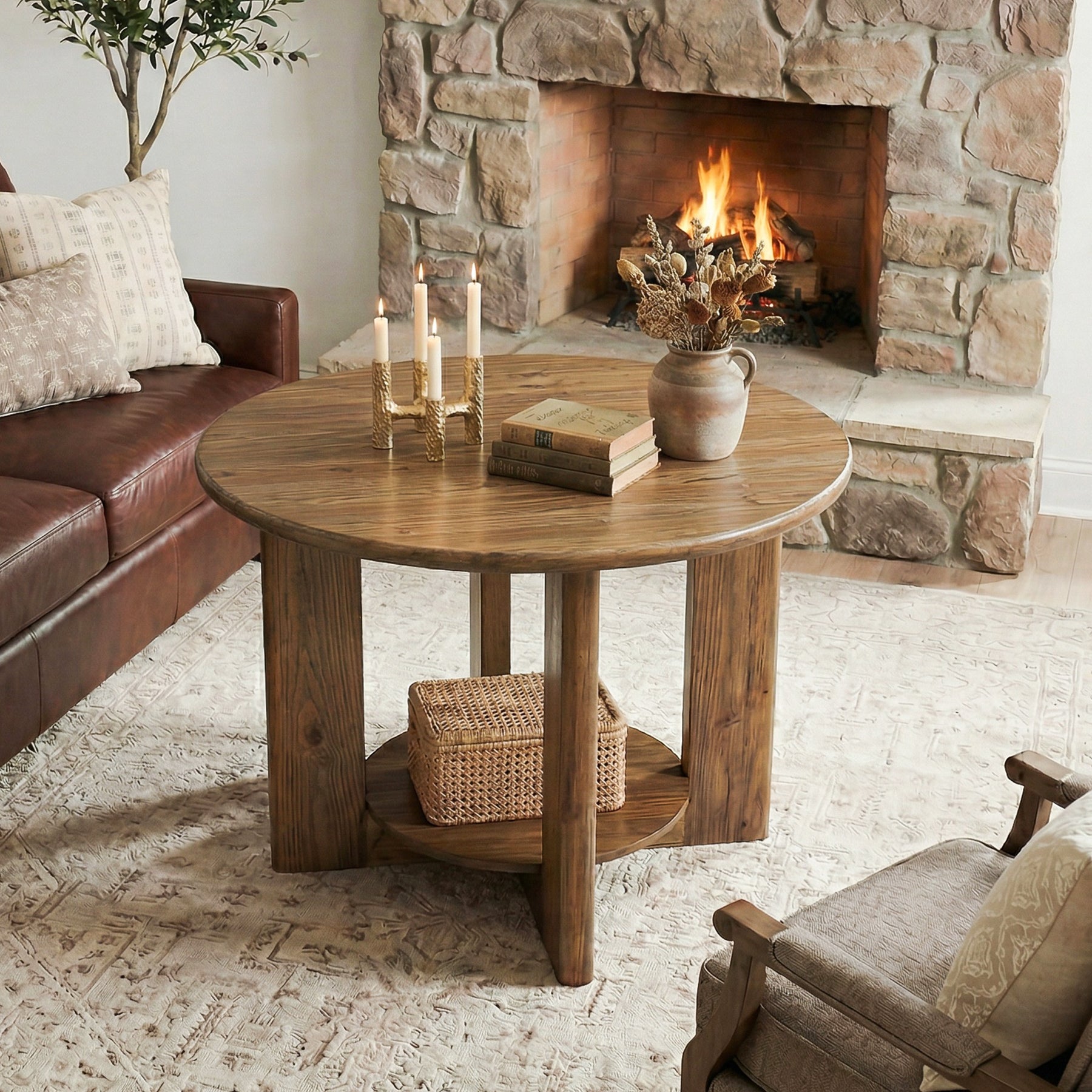 Solid Wood Round Coffee Table, 2-Tier Accent Center Table with Storage