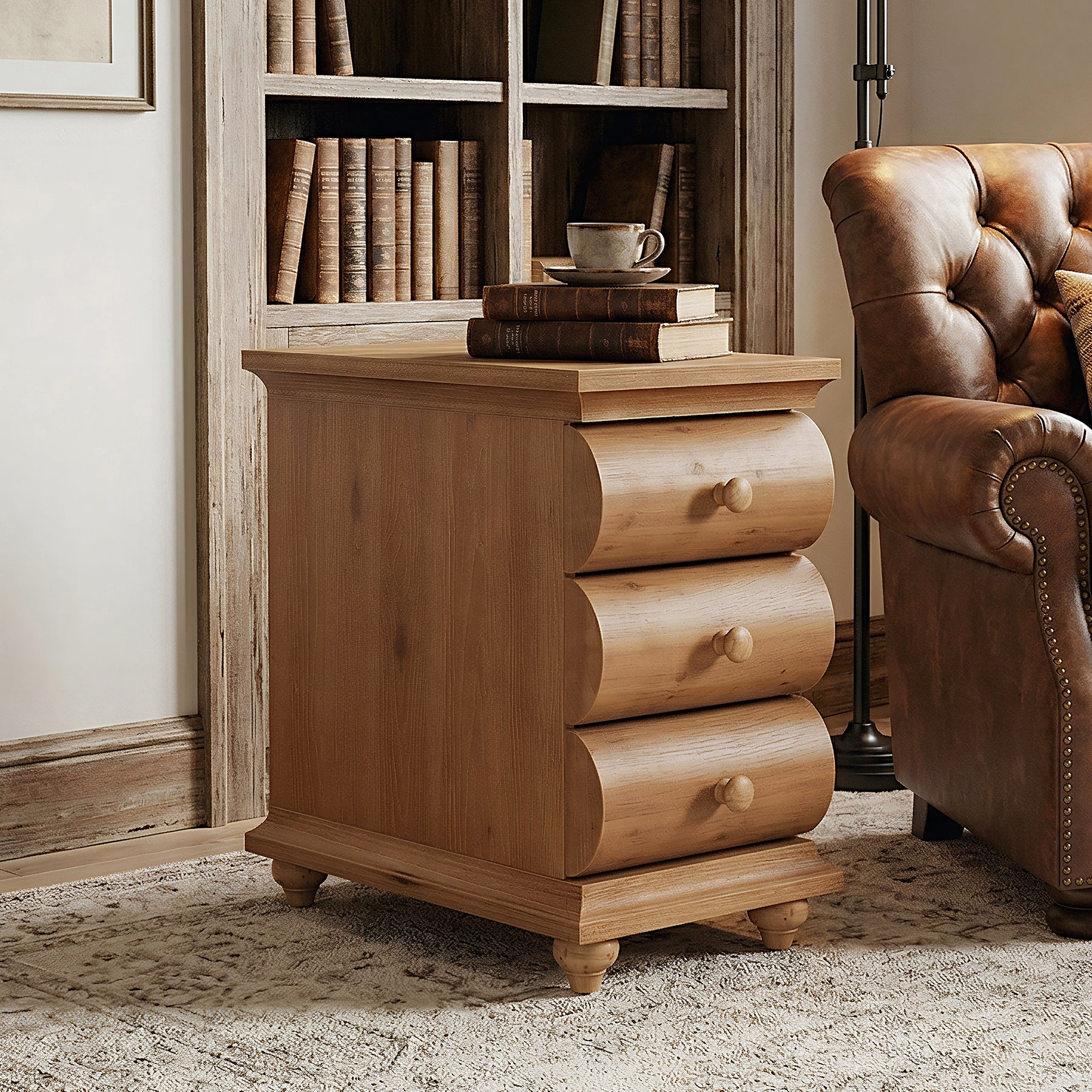 Solid Wood End Table with 3 Drawers, Narrow Side Table with Storage