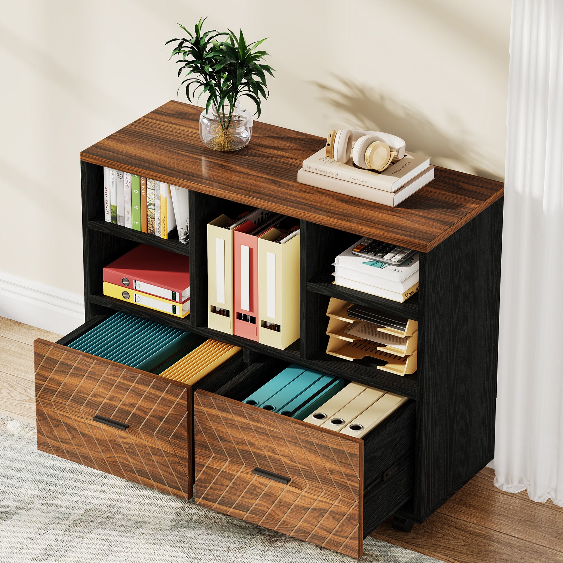 2-Drawer File Cabinet, Mobile Lateral Filing Cabinet with Shelves