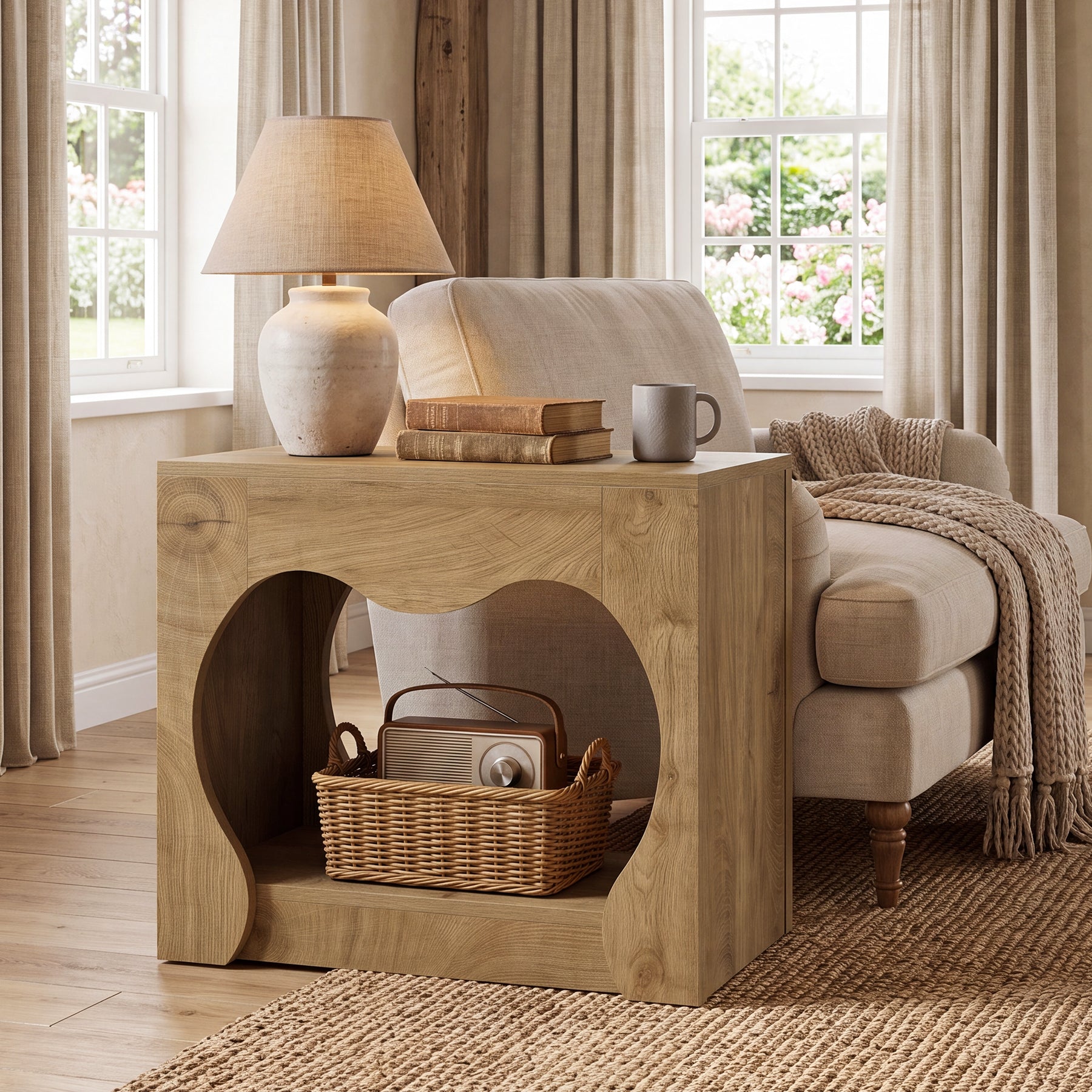 2-Tier End Table, Farmhouse Side Table with Storage Shelves, Curved Arch Cutout