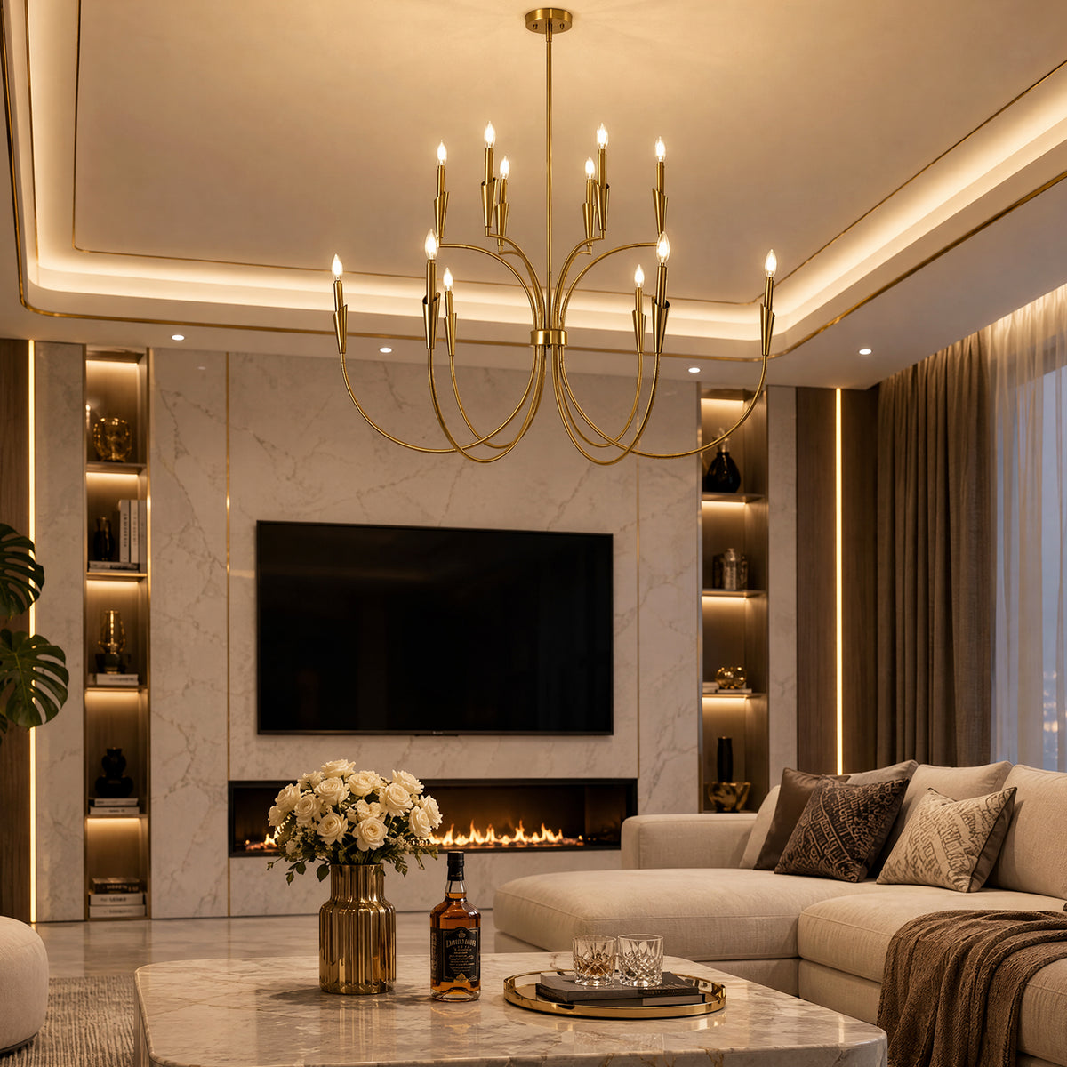 12-Light 45.5" Gold Chandelier, Modern Farmhouse Pendant Lighting