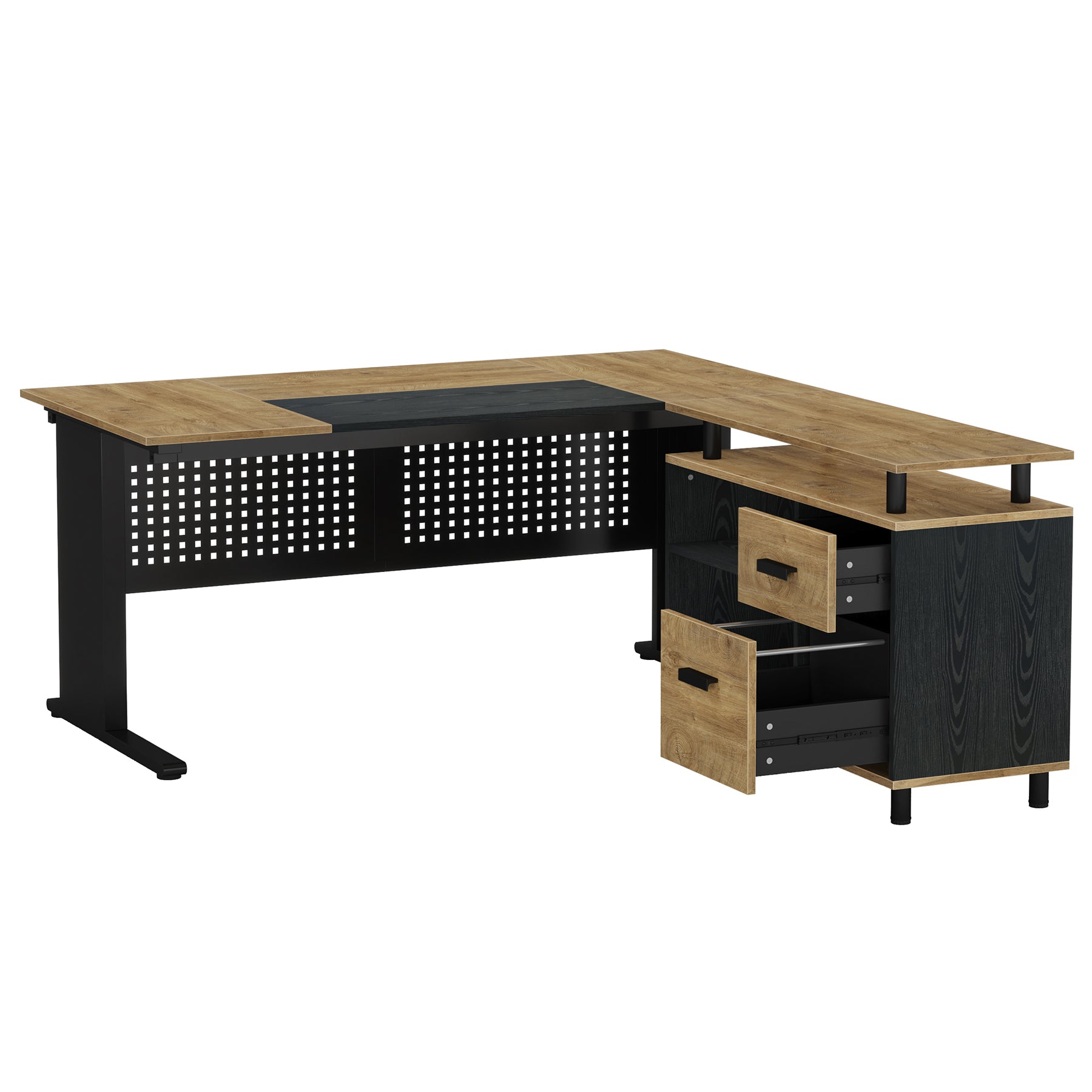 Industrial L-Shaped Desk, 63" Executive Desk with File Cabinet
