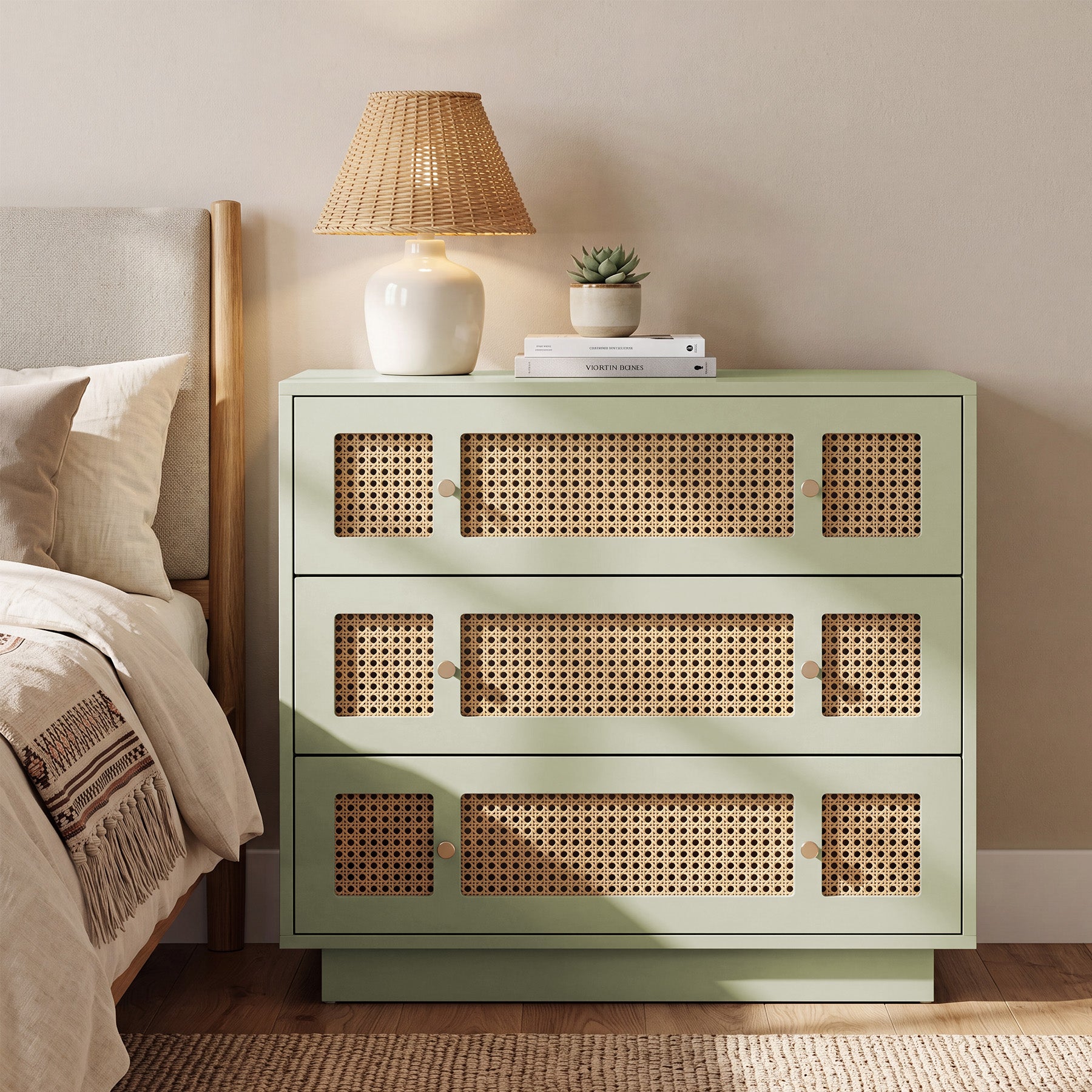 31.5" Rattan Nightstand, Oversized Bedside Table with 3 Drawers for Bedroom