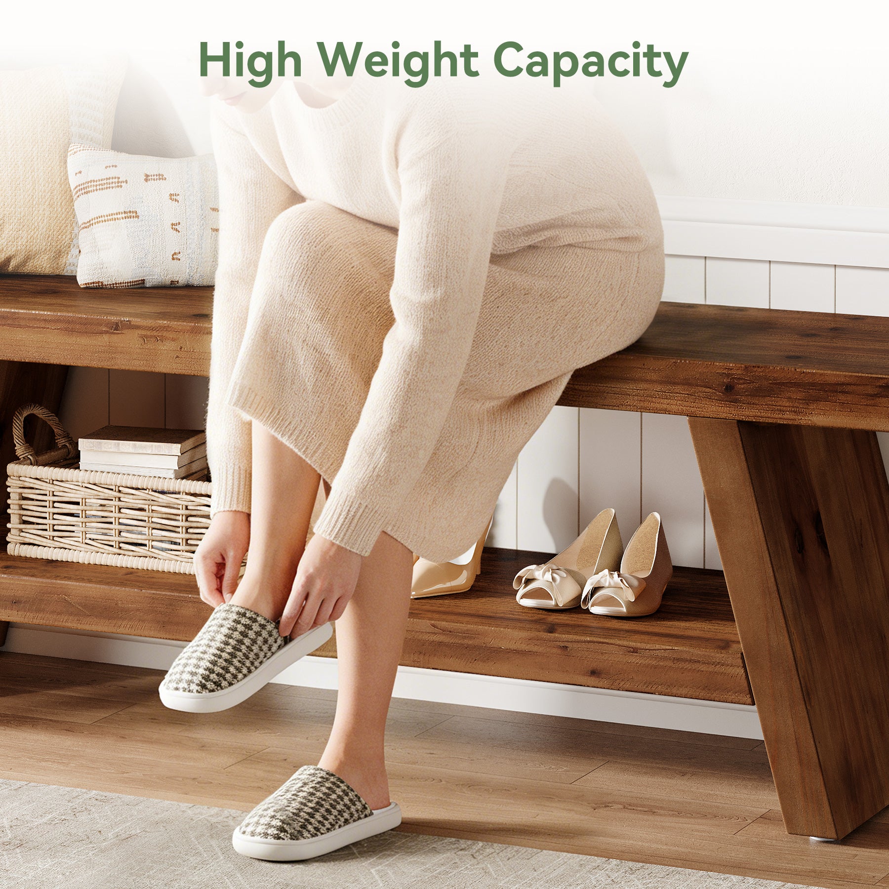 2-Tier Entryway Bench, Solid Wood Shoe Bench with Open Shelves