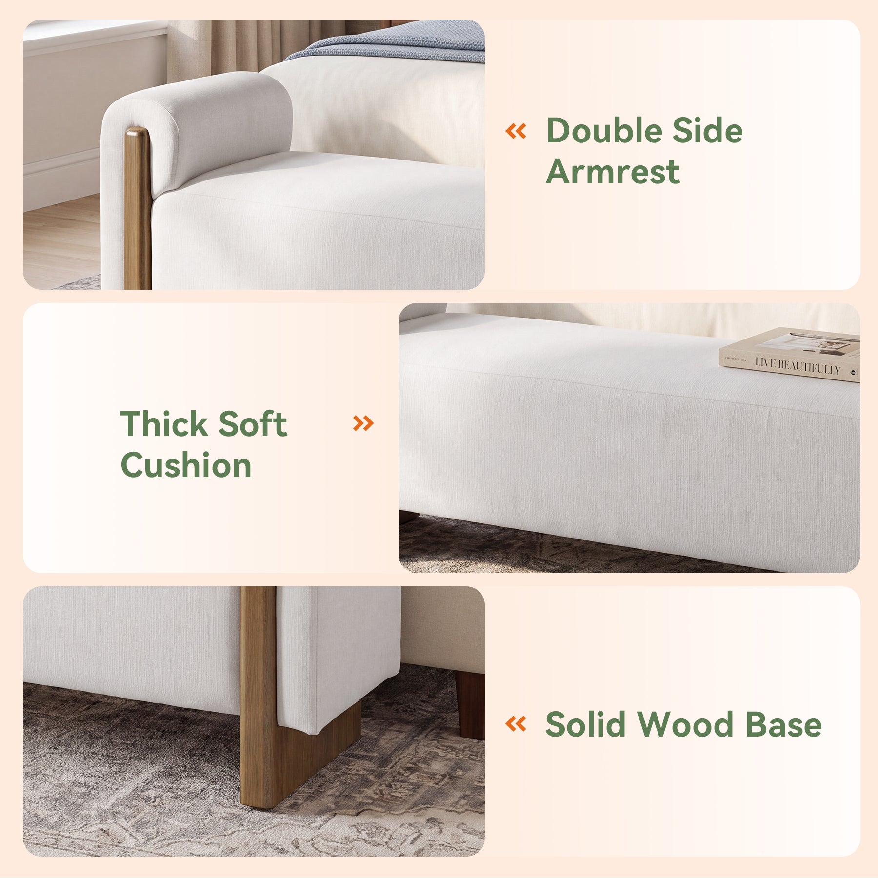 55" End of Bed Bench with Arms, Modern Upholstered Bedroom Bench, Solid Wood Base