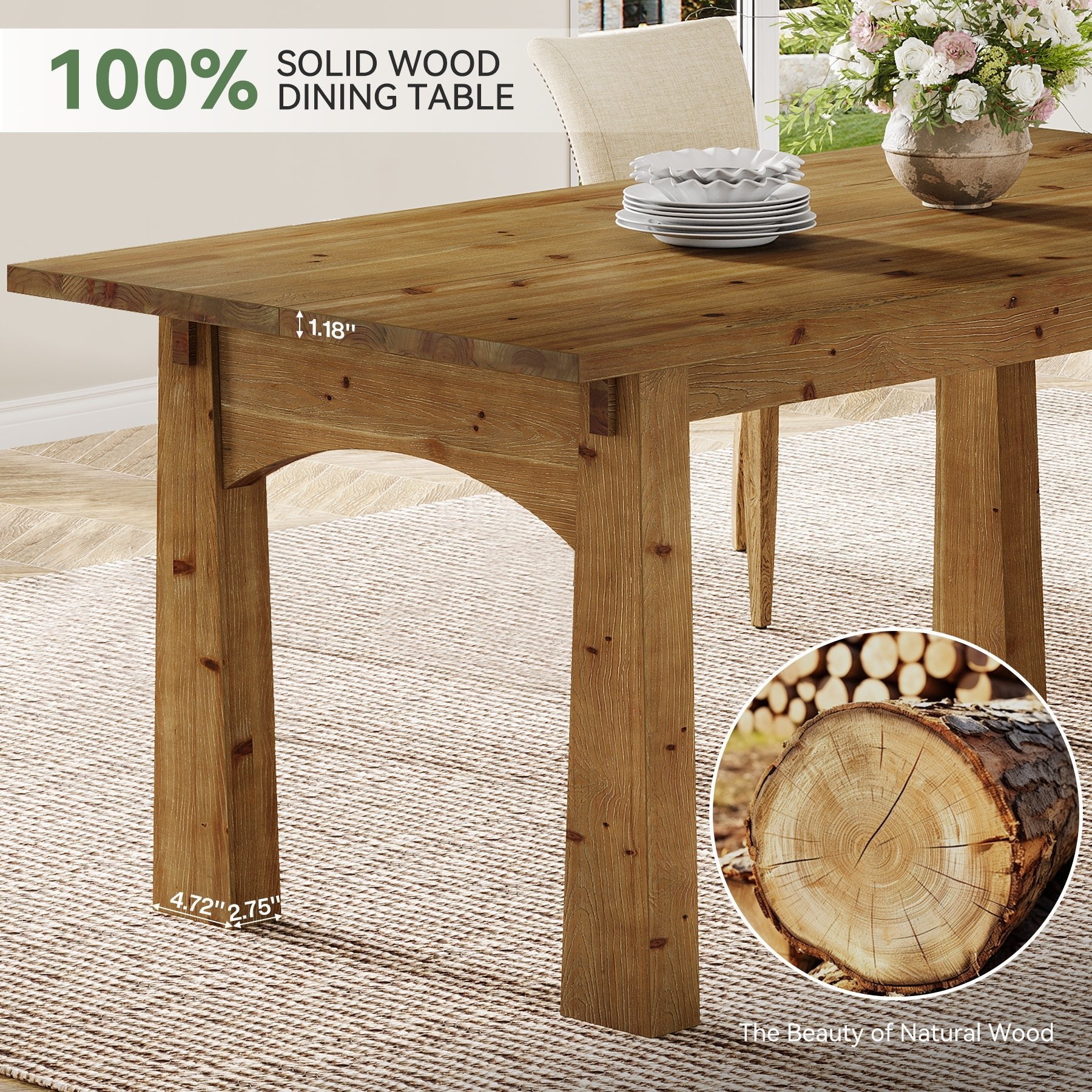 Solid Wood Dining Table, 63" Rectangular Kitchen Table for 4-6 People