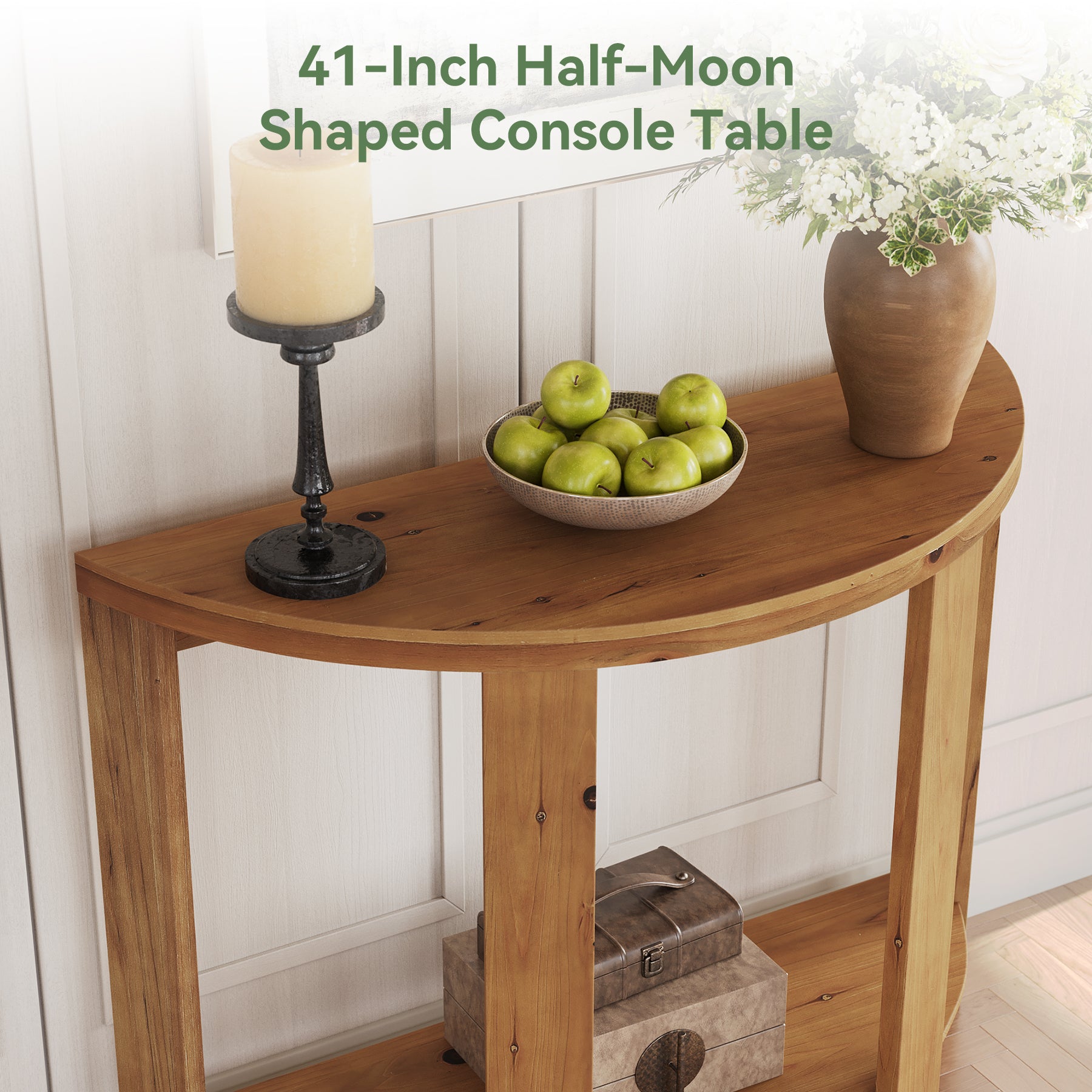 Solid Wood Console Table, Half-Moon 41.3" Hallway Table with 2-Tier Storage