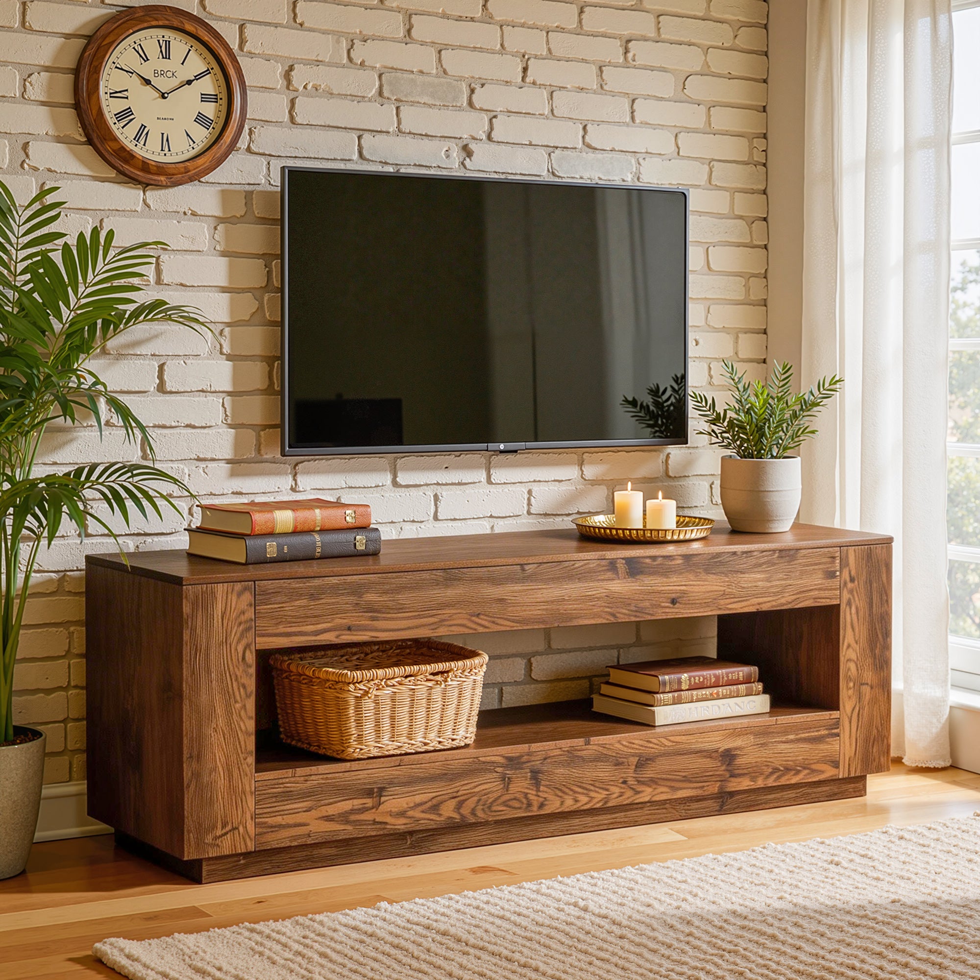 70.87" Solid Wood TV Stand, 2-Tier Entertainment Center for up to 80" TV