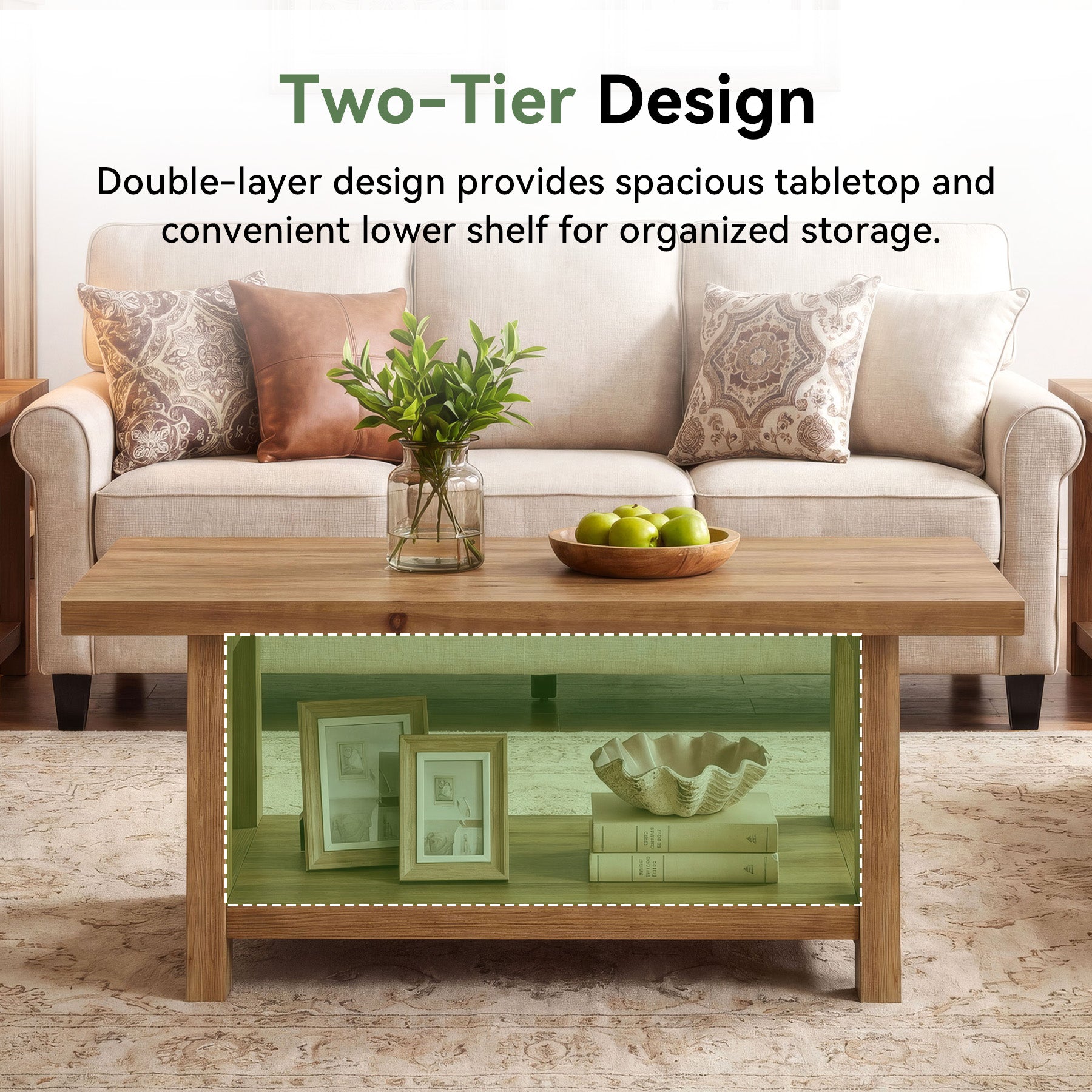 Solid Wood Coffee Table, 2-Tier Rectangle Center Table with Lower Storage Shelf