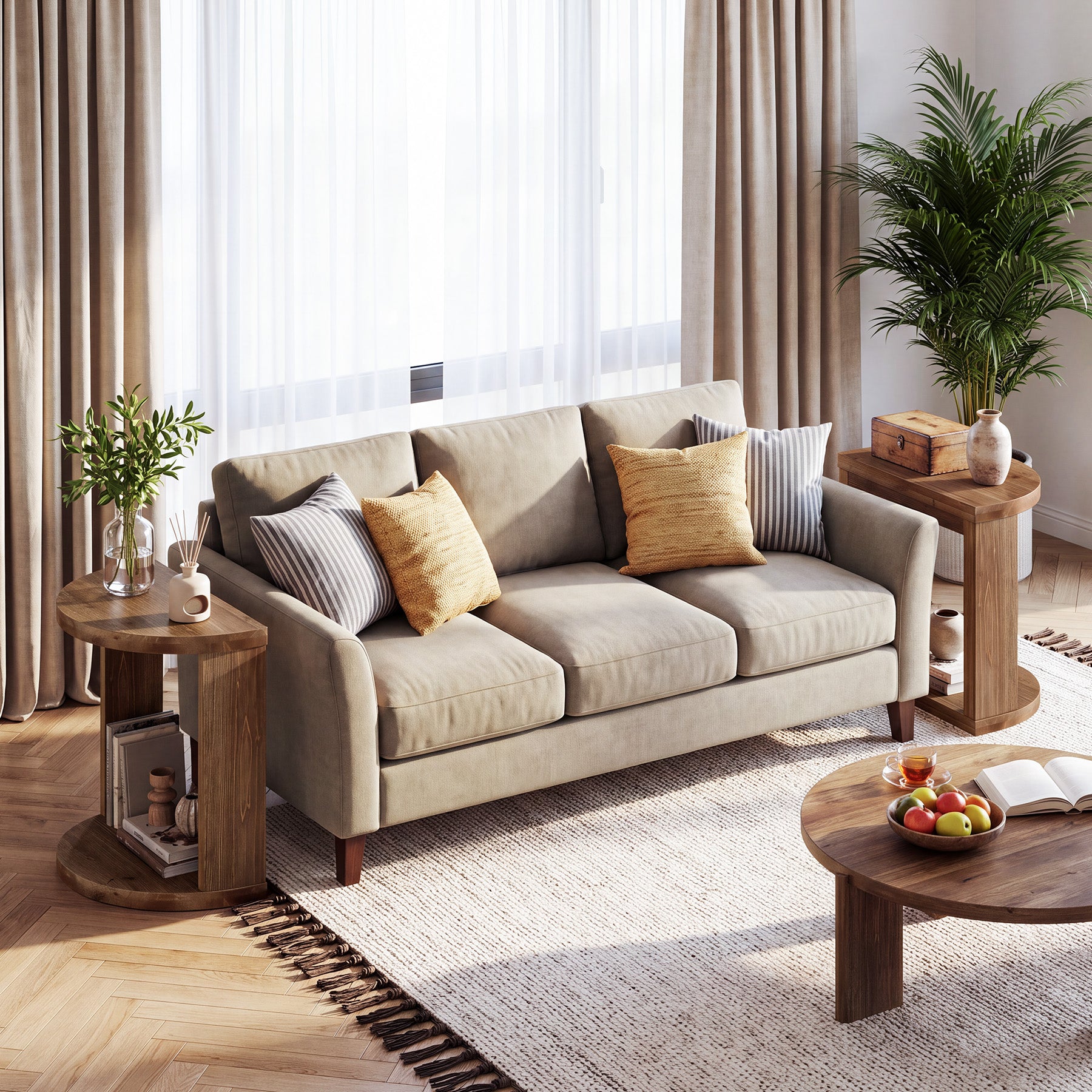 Half Moon End Table with Storage Shelf, Solid Wood Farmhouse Side Table, 2-Tier Shelves, Living Room & Bedroom
