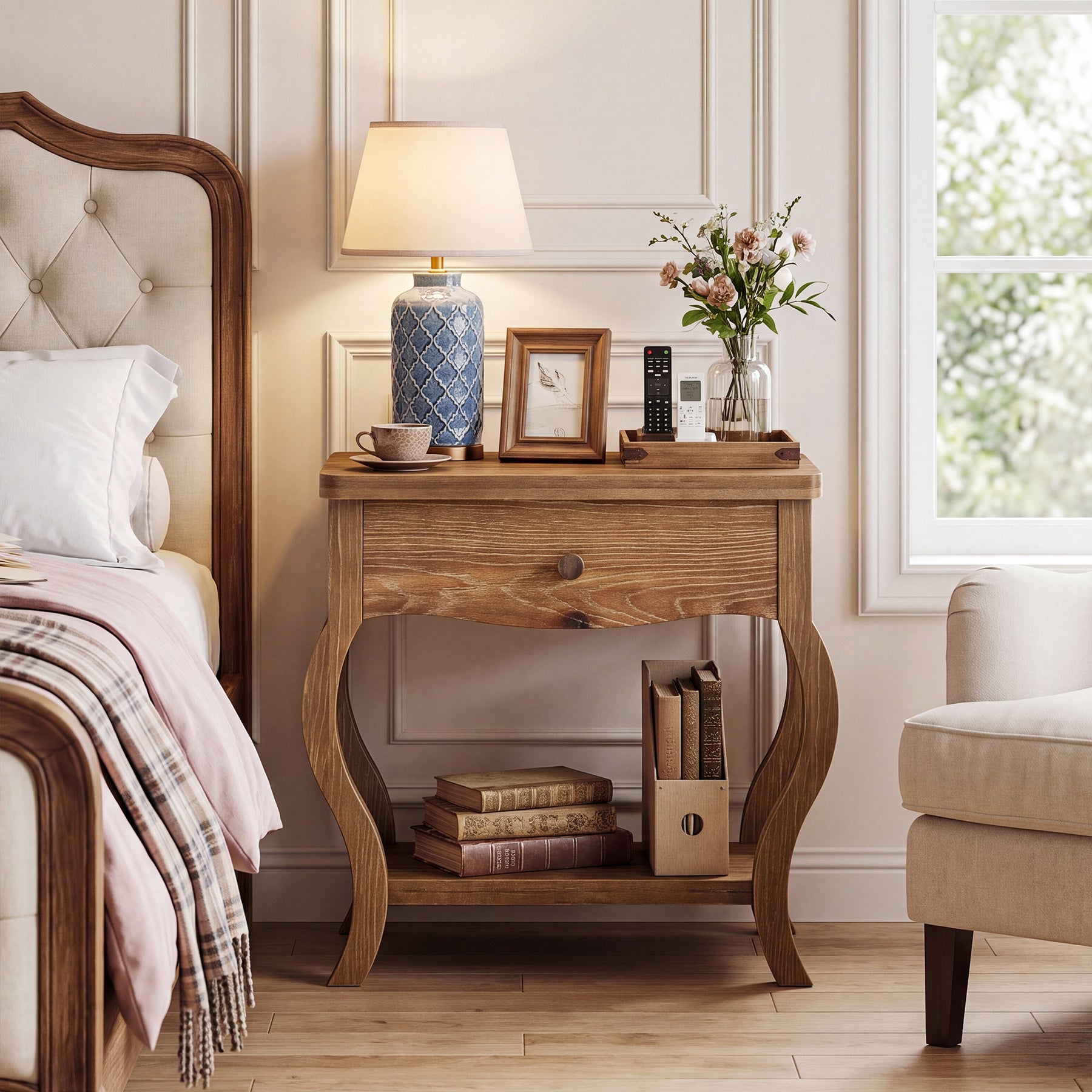 Rustic Solid Wood Nightstand, Drawer & Shelf, 24"W Bedside Table, Bedroom