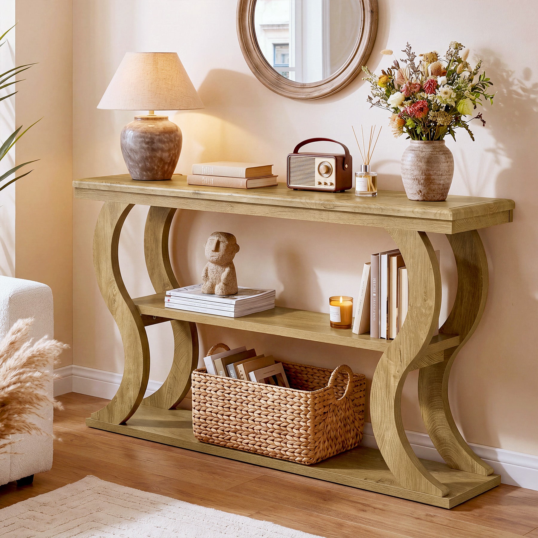 55" Console Table, Farmhouse Entryway Table Sofa Tables with 3-Tier Storage