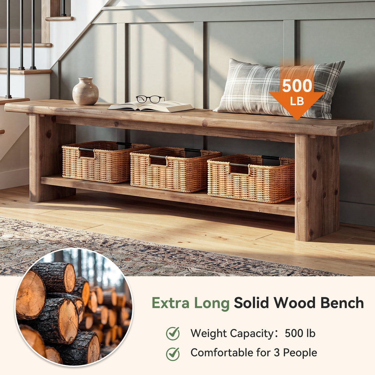 71” Solid Wood Entryway Bench with Shoe Storage Shelf, Indoor Storage Bench for Hallway