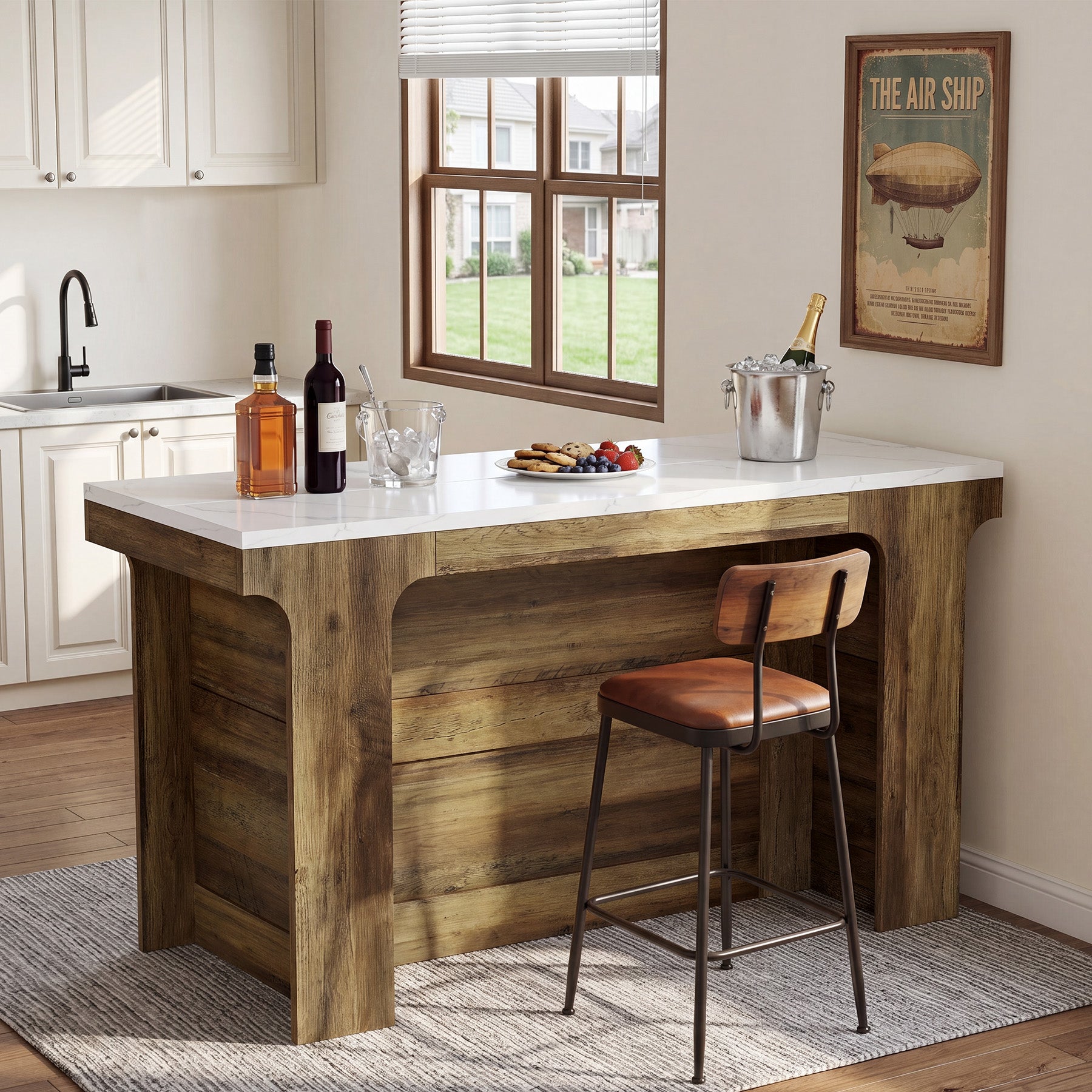 59'' Bar Table, Modern Counter Height Table with Faux Marble Top for Kitchen, Bistro