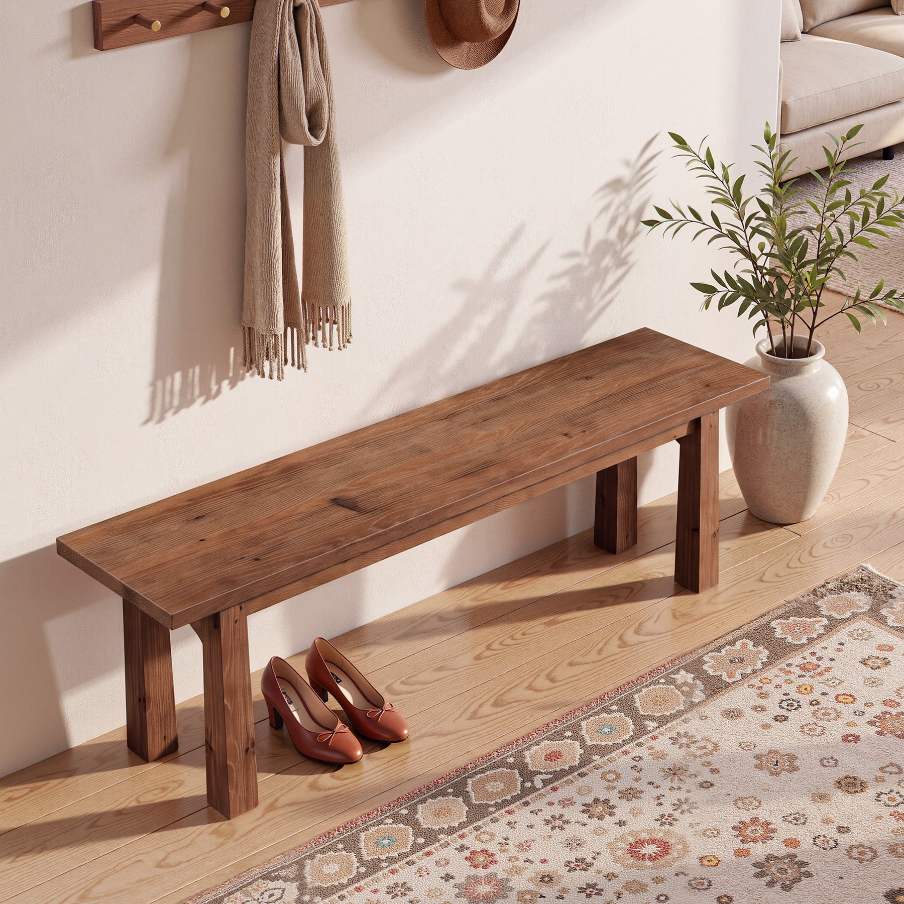 55" Solid Wood Entryway Bench, Farmhouse Shoe Bench End of Bed Bench, Easy Assembly