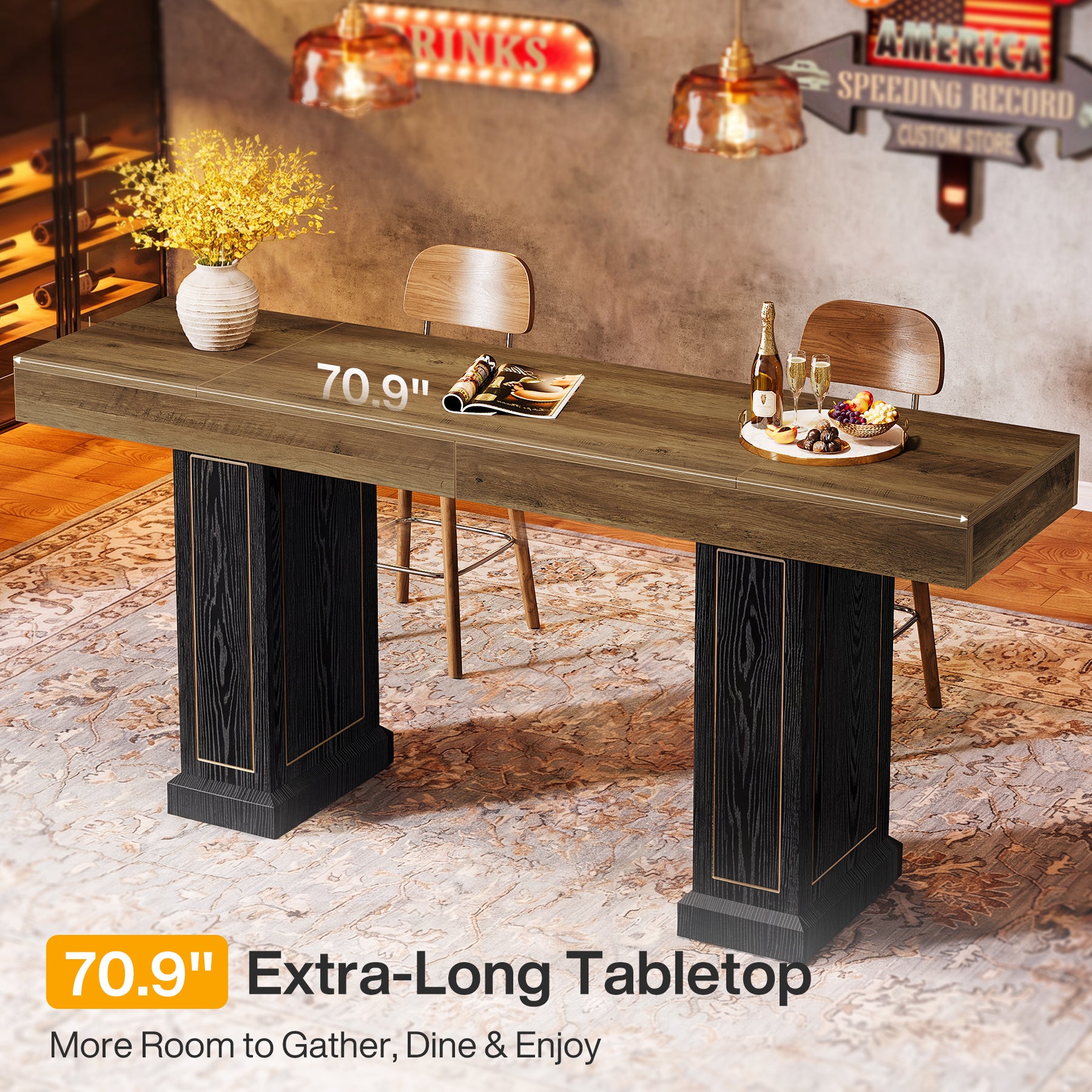 71" Counter Height Bar Table for 6-8 People, Rustic Pub Table with Dual Pedestal Base & Gold Accents