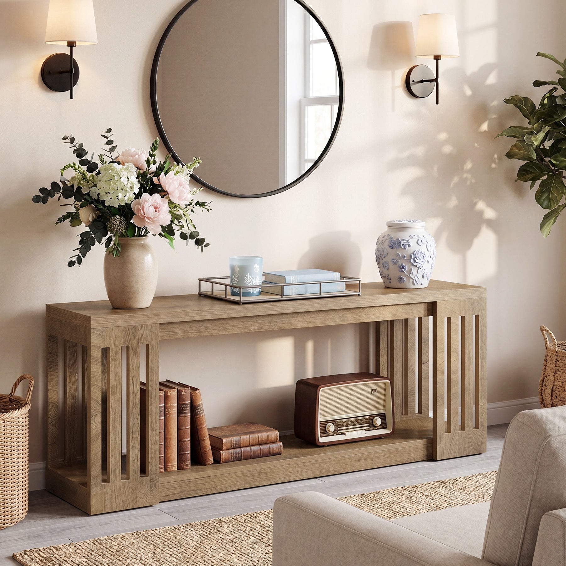 Tribesigns 63" Wooden Storage Bench, Farmhouse Entryway Bench for Hallway