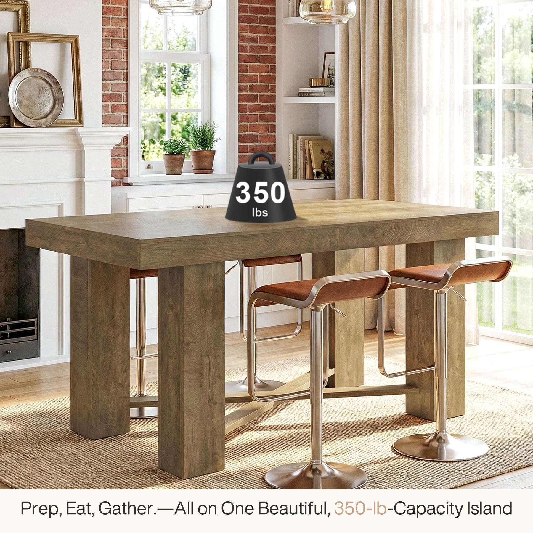 55 Inch Kitchen Island Table Counter Height, Farmhouse Prep Table with Thick Wood Top