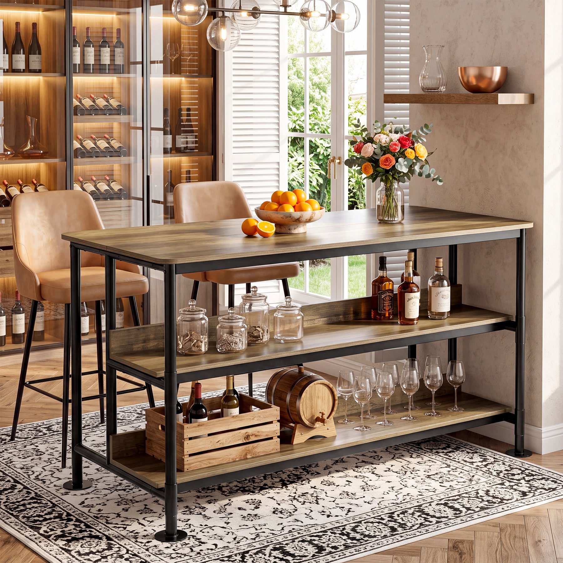 59" Home Bar Table with 3-Tier Storage Shelves, Counter Height, Kitchen Dining Room Pub Table