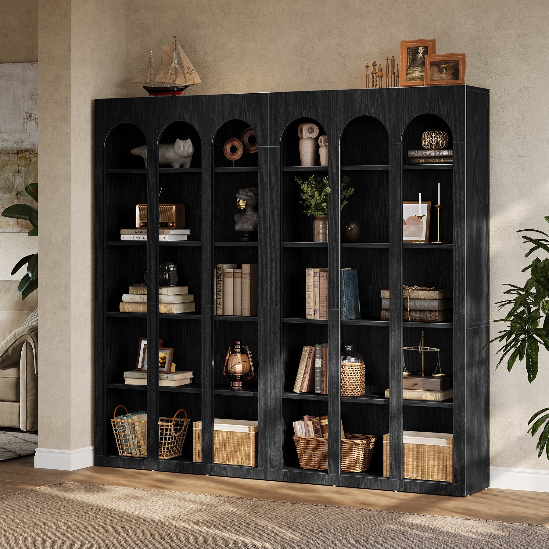 70.8" Arched 5-Tier Bookshelf with Open Shelves, Vintage Farmhouse Style Tall Display Bookcase