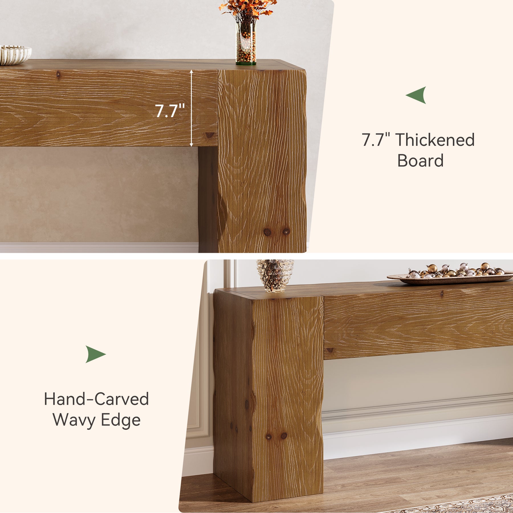 Solid Wood TV Stand for 65" TV, 63" Media Console with Hand Carved Wave Texture