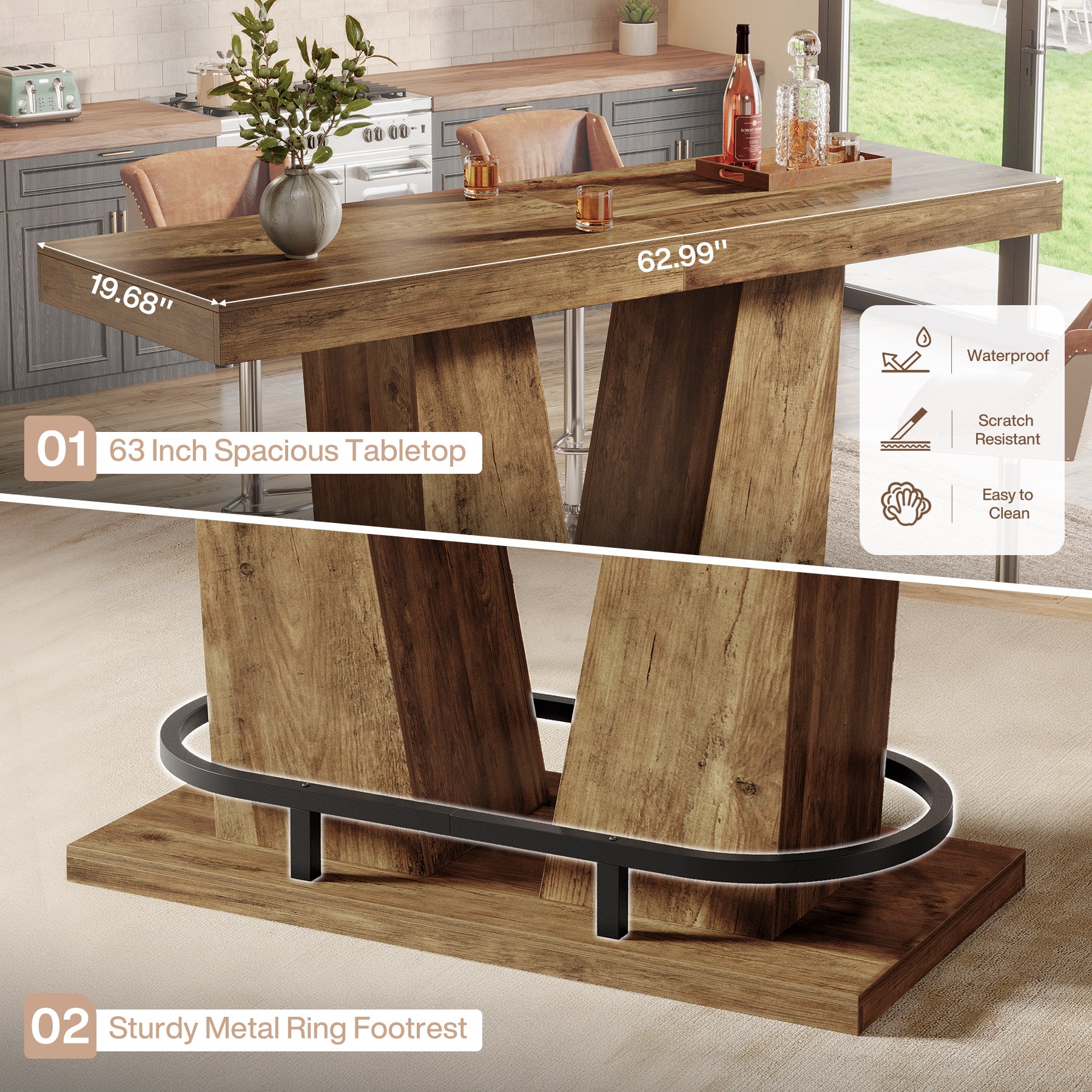 62.99" Bar Table for 4-6, Rectangle Counter Height Pub Table with Metal Footrest