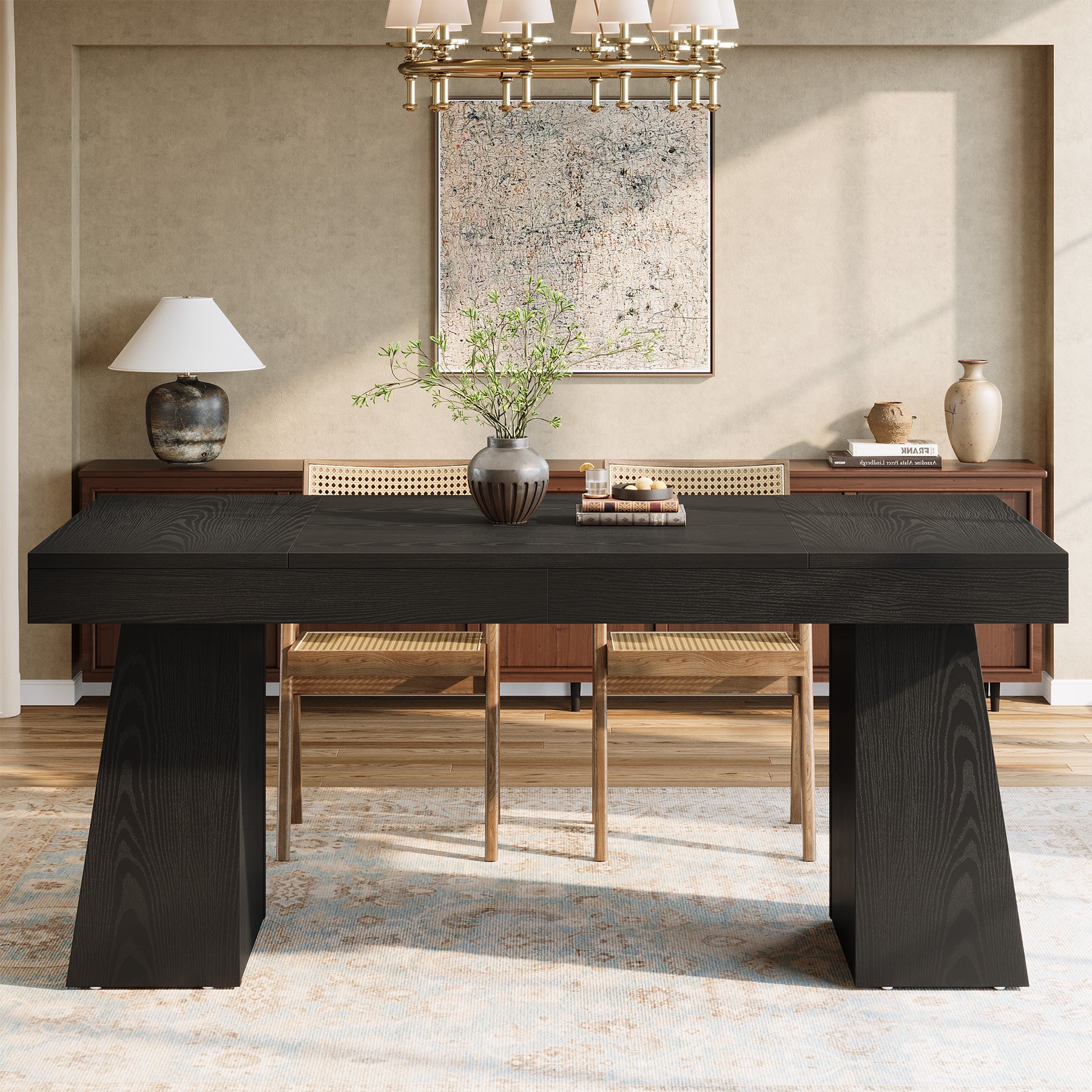 55 Inch Farmhouse Double Pedestal Dining Table, Rectangular Table for 4-6 in Small Spaces