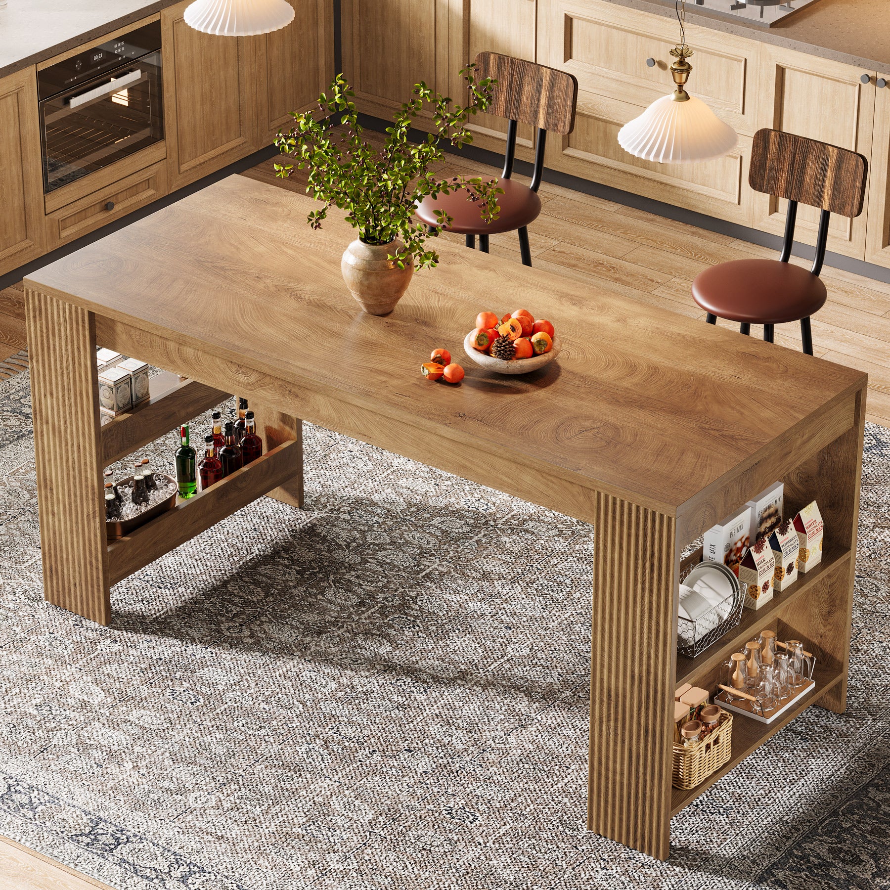63" Kitchen Island, Large Home Bar Table with Double-Sided Storage Shelves