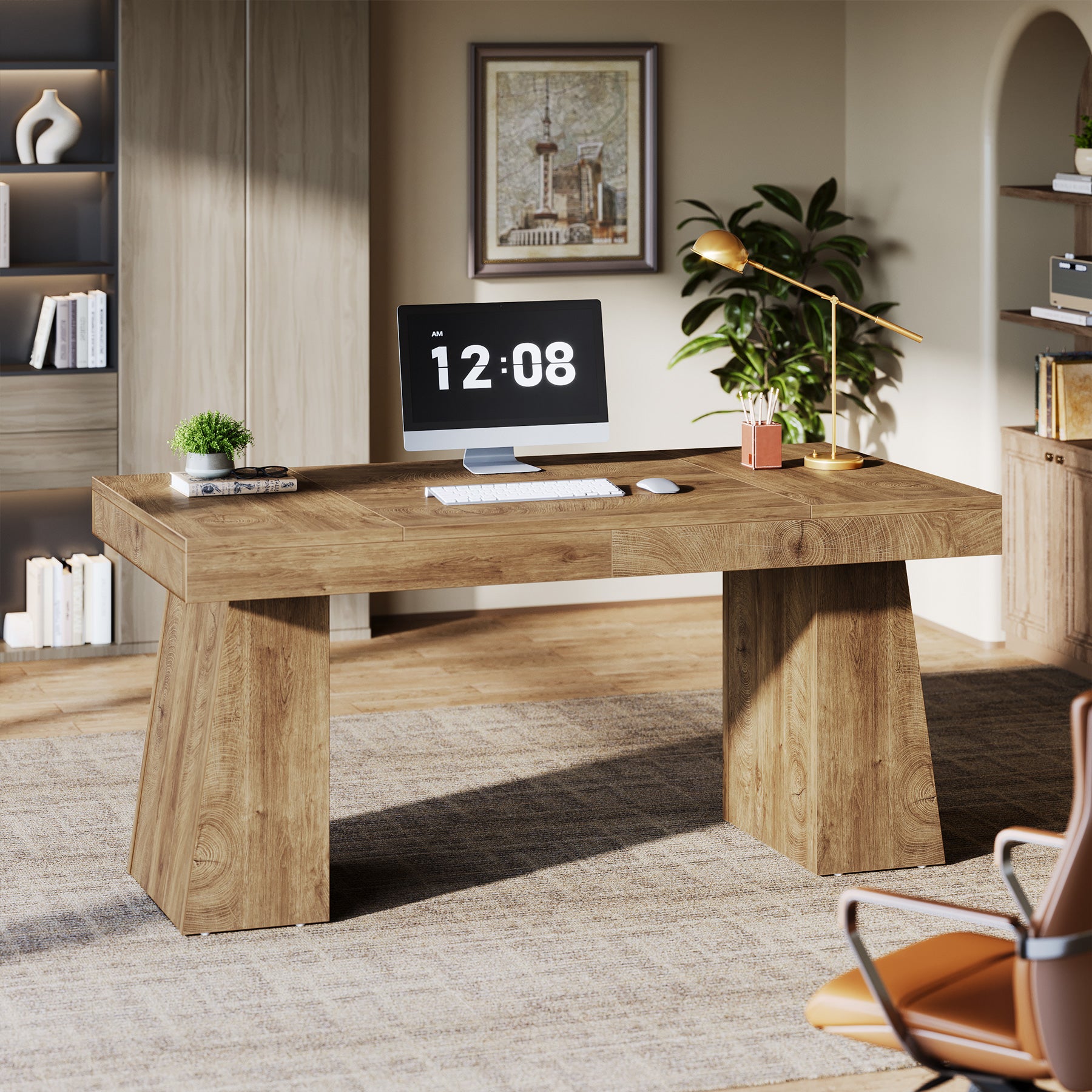 55" Executive Office Desk with Double Trapezoid Base, Modern Wooden Computer Desk for Home Office