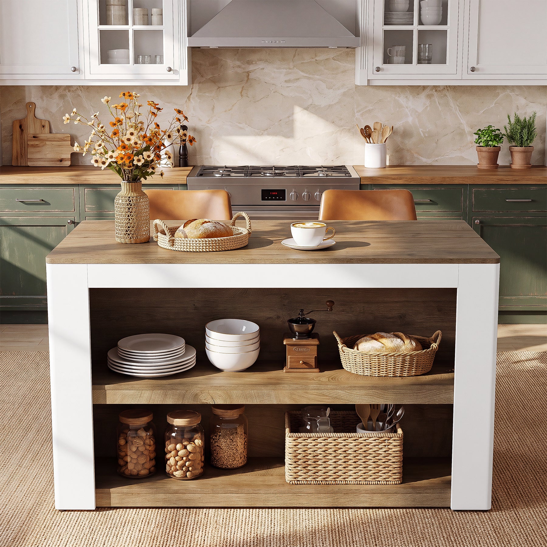 55" Farmhouse Kitchen Island, 3-Tier Wooden Stationary Island Table for Kitchen