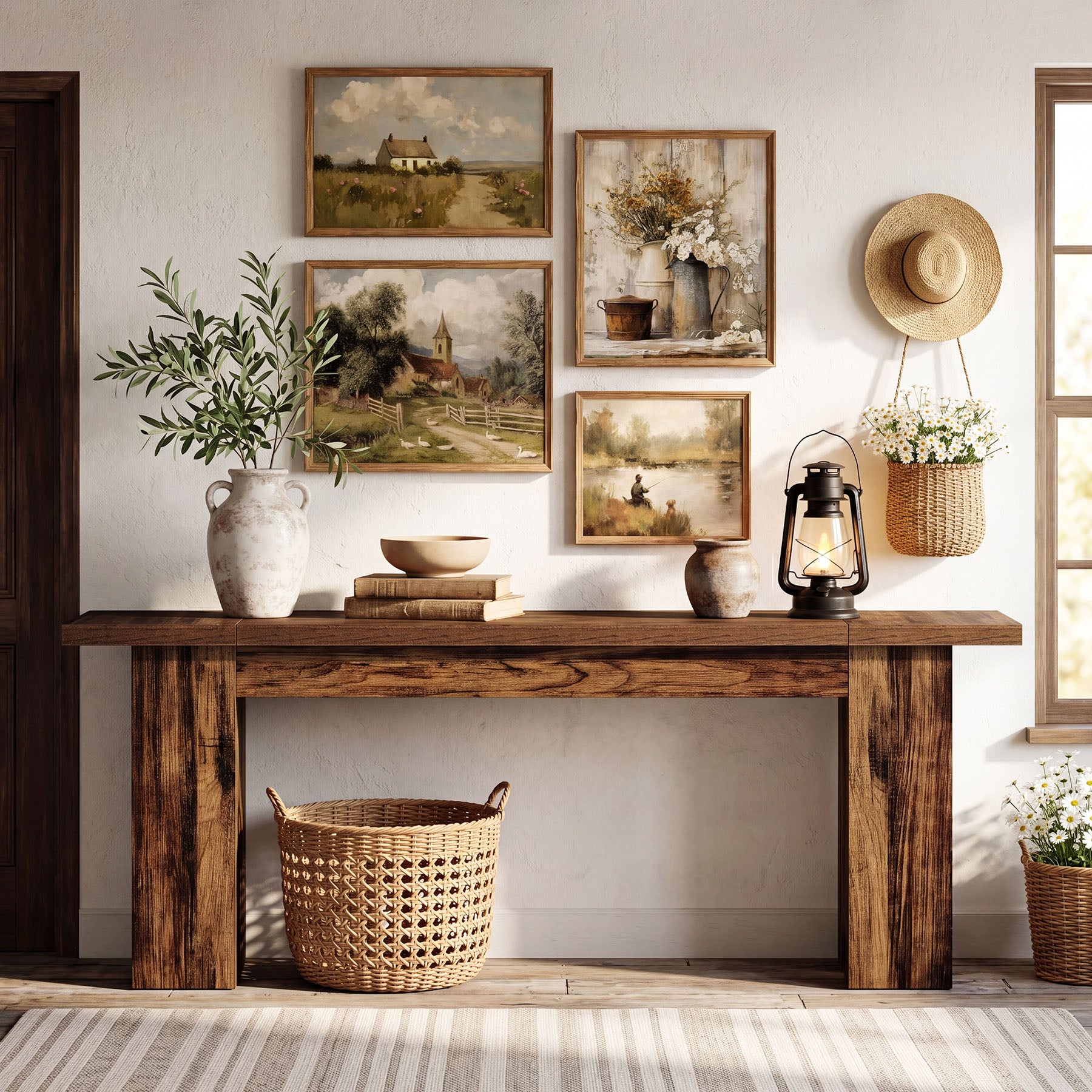 86.6" Long Console Table, Farmhouse Entryway Sofa Table Behind Couch for Hallway