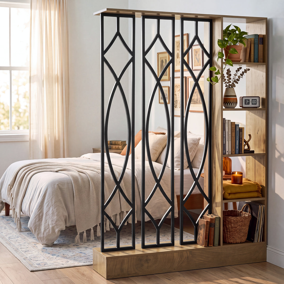 71" Industrial Room Divider with Shelves, Freestanding Storage Partition
