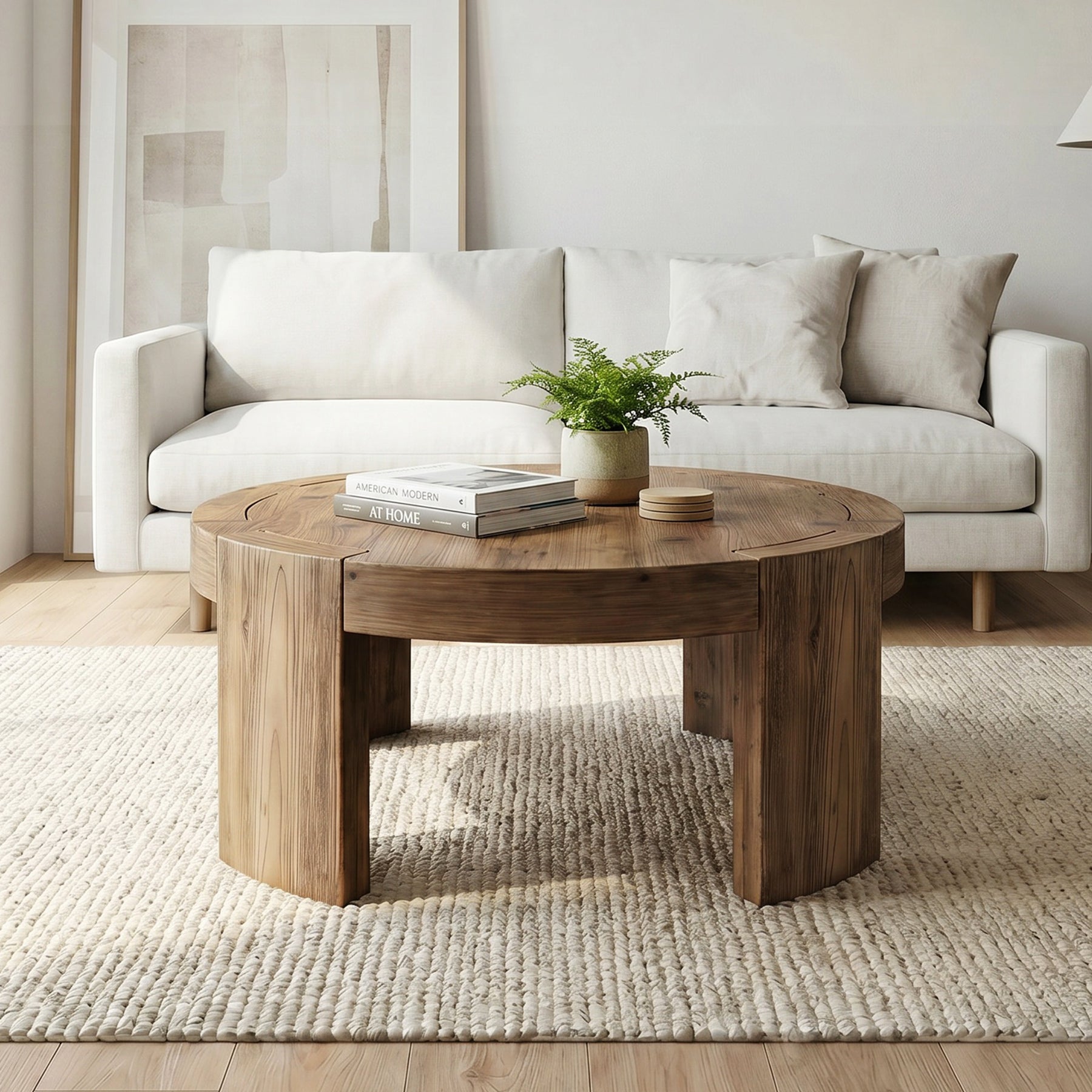 31.5" Round Coffee Table, Solid Wood Farmhouse Center Cocktail Tea Table for Living Room
