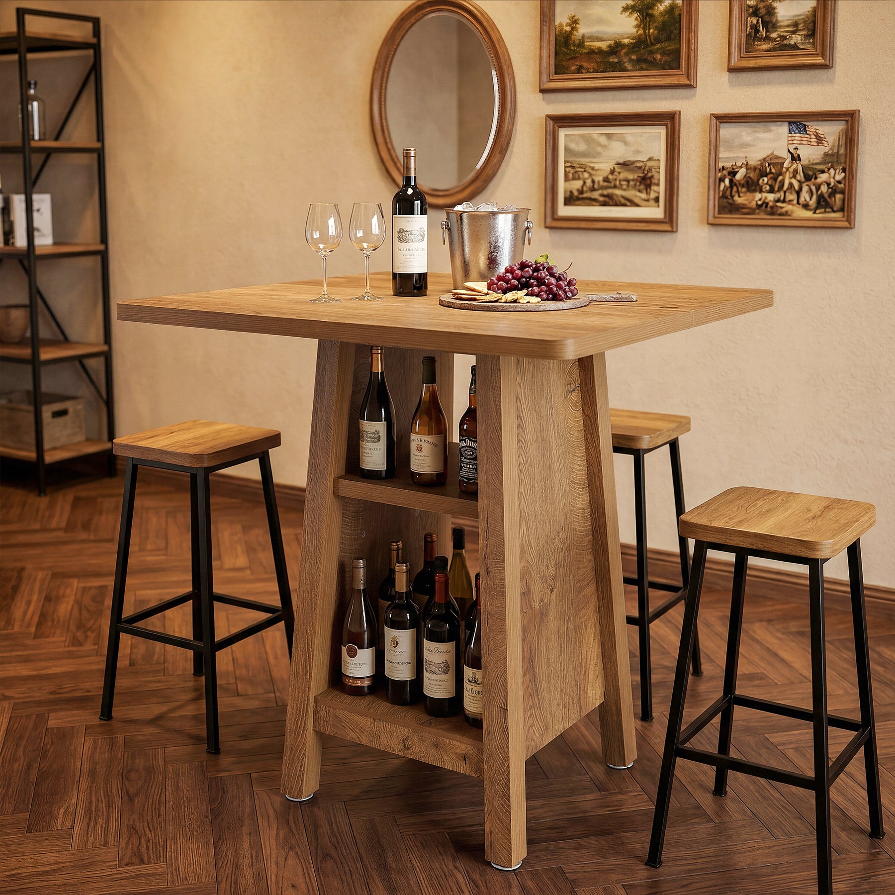Square Bar Table with Storage, 35.4" H Pub Bar Table with 2 Open Shelves