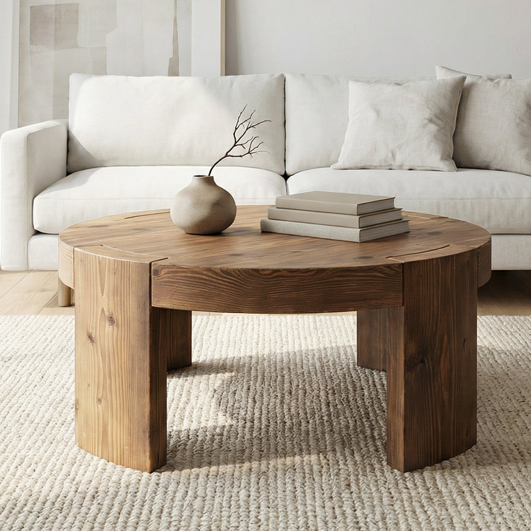 31.5" Round Coffee Table, Solid Wood Farmhouse Center Cocktail Tea Table for Living Room