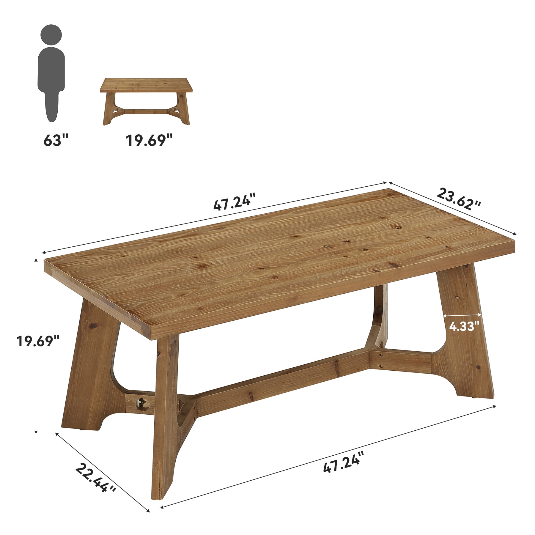 47" Solid Wood Coffee Table, Farmhouse Center Table for Living Room