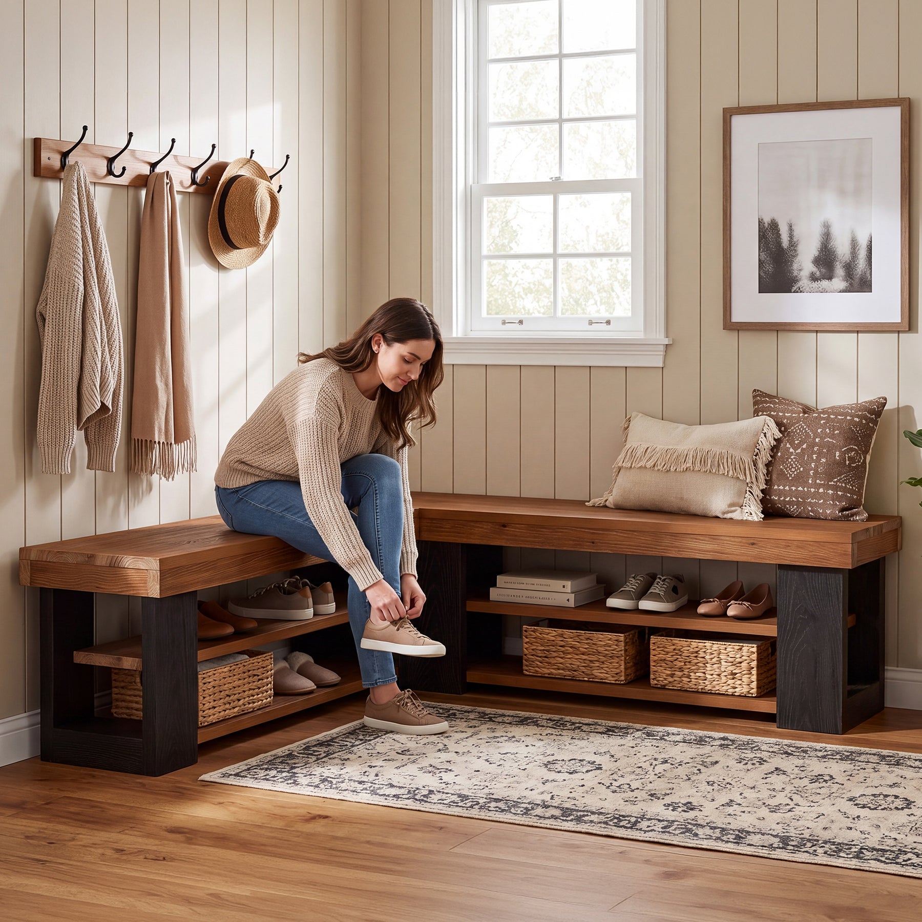 47" L-Shaped Corner Bench, 3-Tier Solid Wood Entryway Bench, Hallway Mudroom