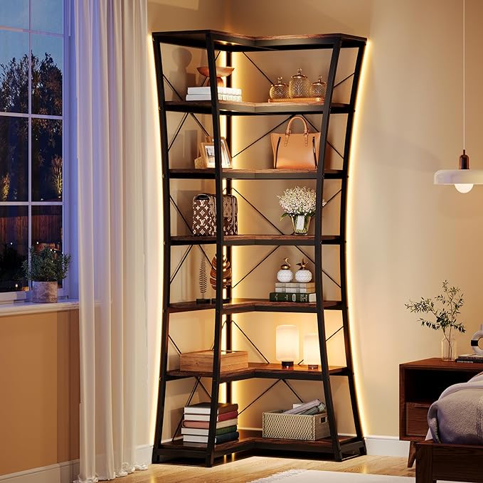 7 - Tier Bookshelf, L - Shaped Bookcase Corner Shelf Display Storage Rack Tribesigns