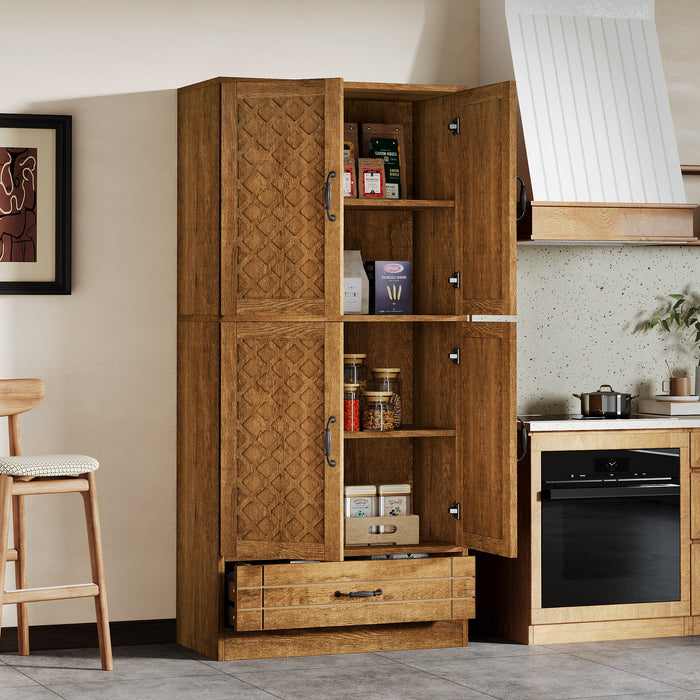 70" Bakers' Rack, Rustic Kitchen Pantry Cabinet with Doors and Drawer Tribesigns