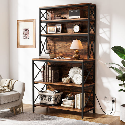 70" Bookshelf, Wood Bookcase Display Shelf with Power Outlets Tribesigns