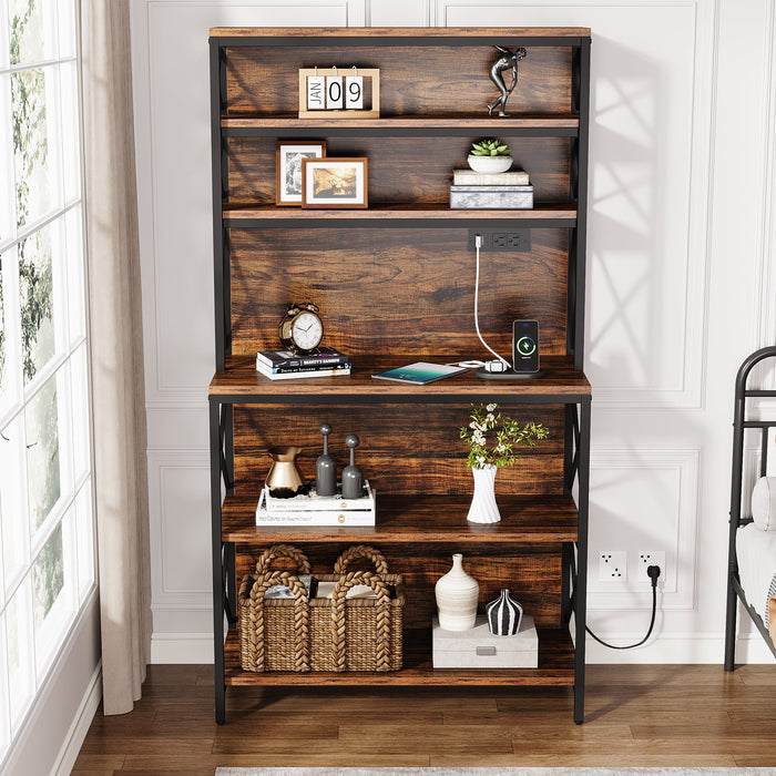 70" Bookshelf, Wood Bookcase Display Shelf with Power Outlets Tribesigns